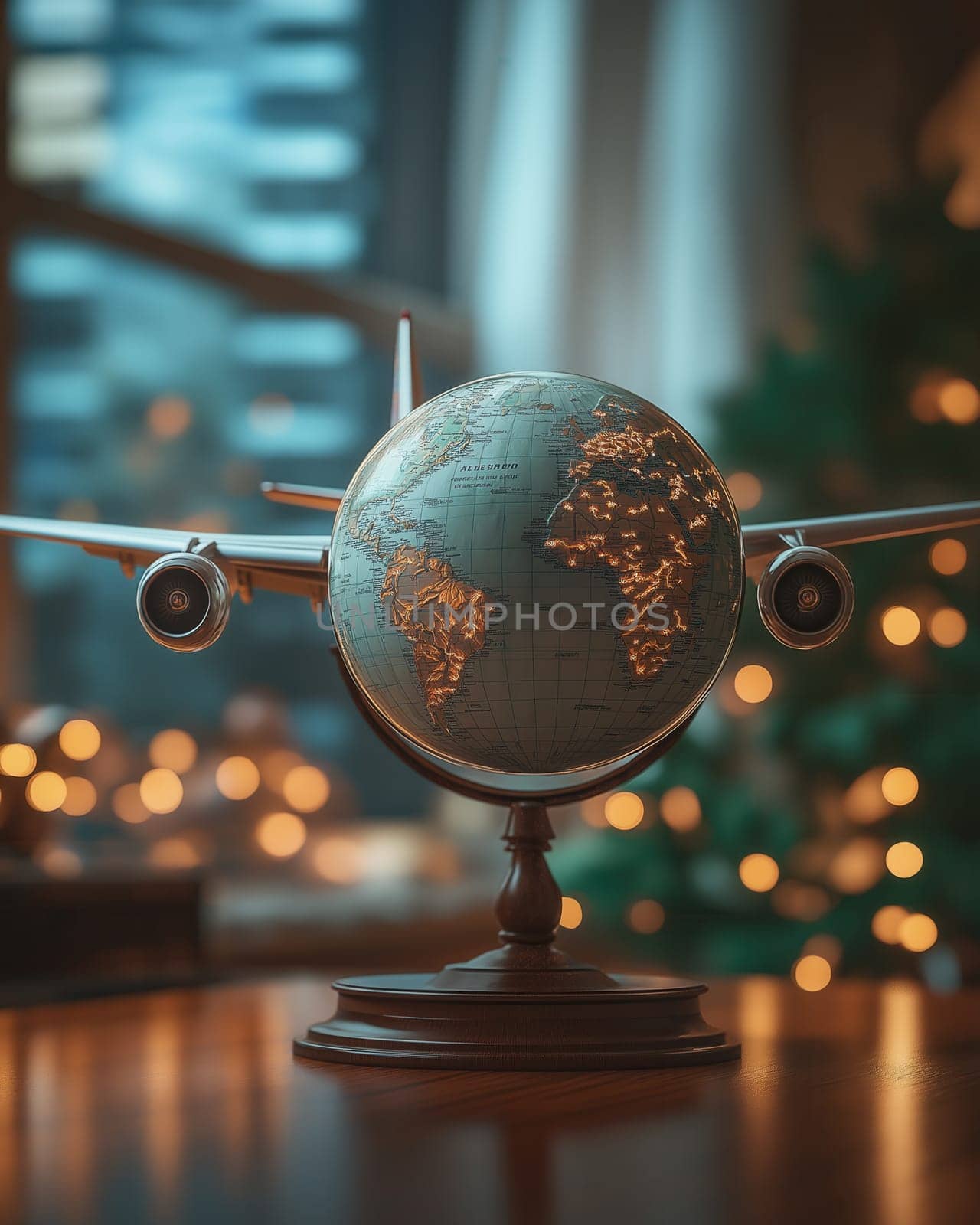 A detailed model of an airplane in the form of a globe, displayed in an interior. Selective focus.
