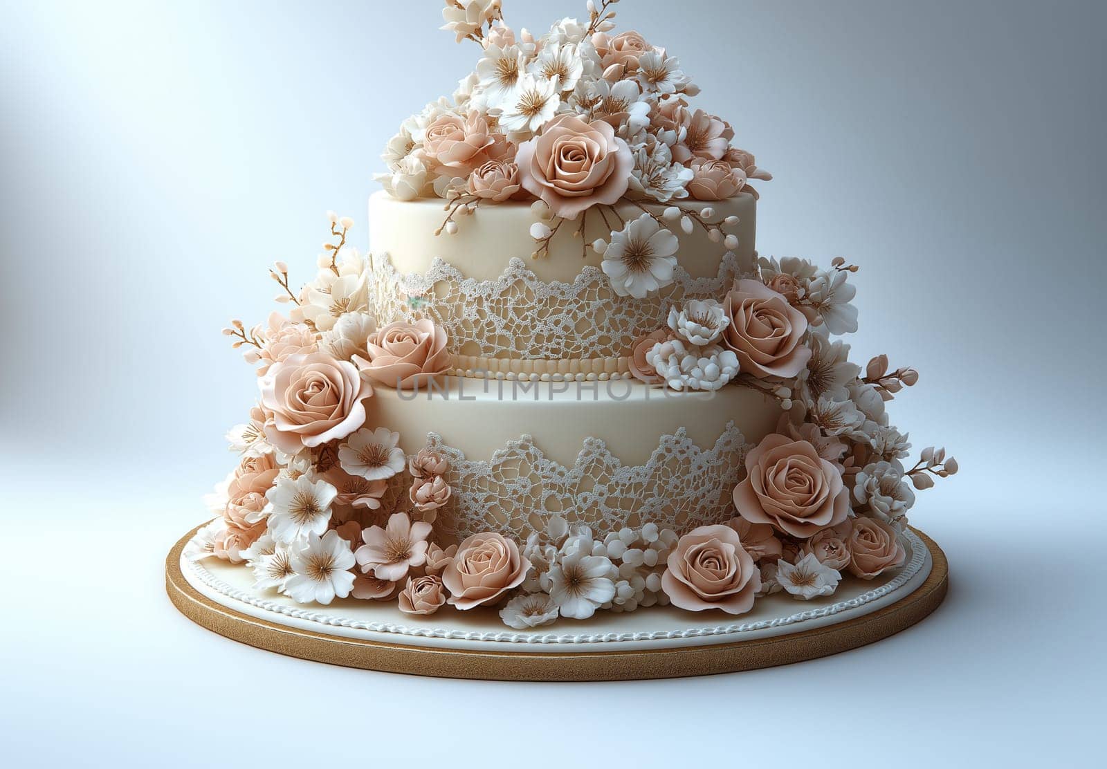 A tiered wedding cake decorated with roses on a light background. Selective focus.
