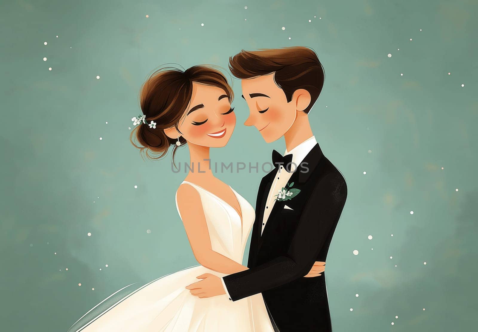 A cartoon illustration of a bride and groom on a blue background. Selective focus.