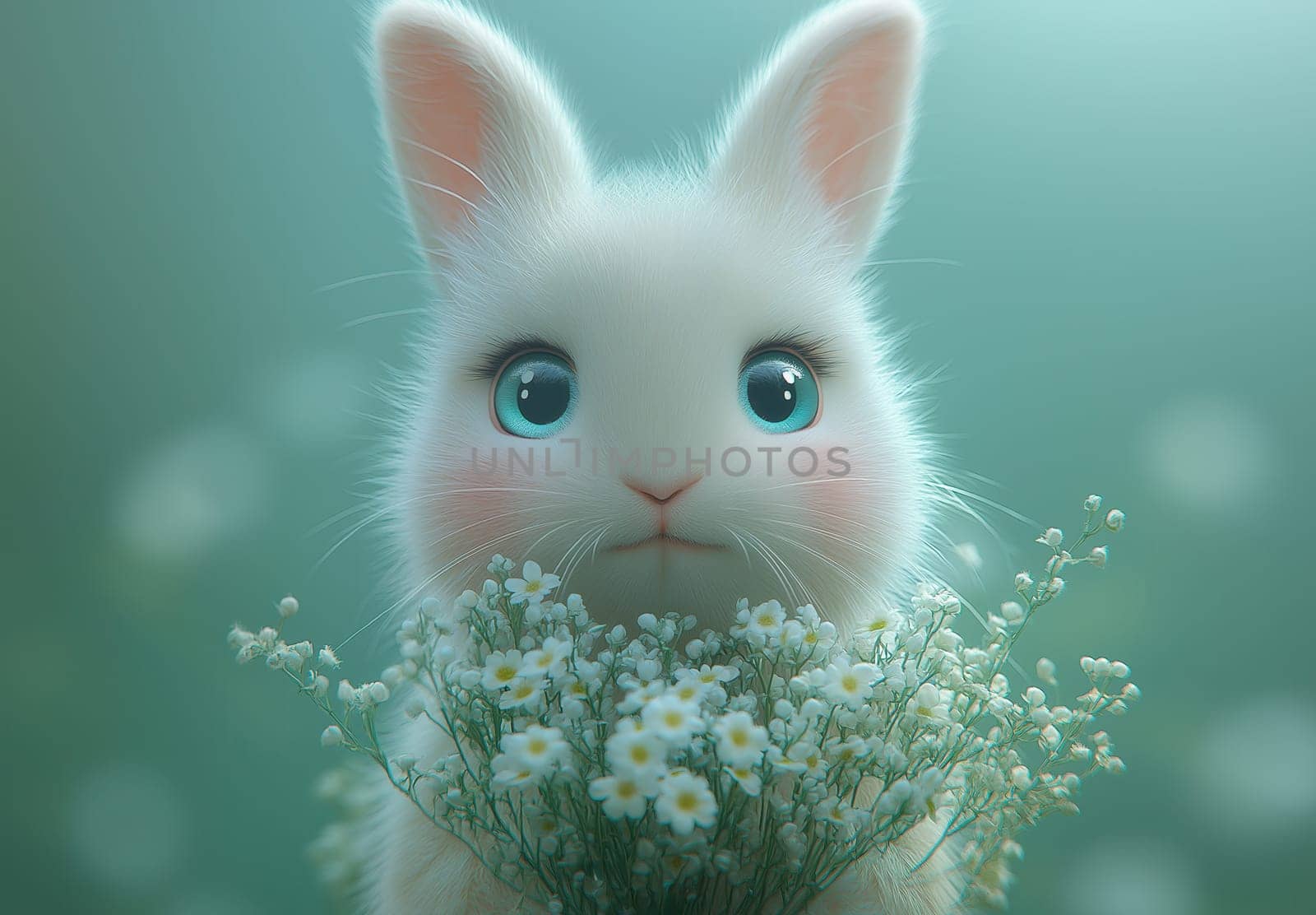 Illustration of a rabbit holding a bouquet of white flowers. Selective focus.