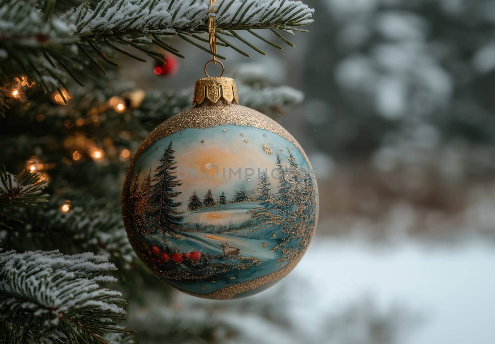 Multicolored Christmas ball with a snow landscape on a Christmas tree. Selective focus.