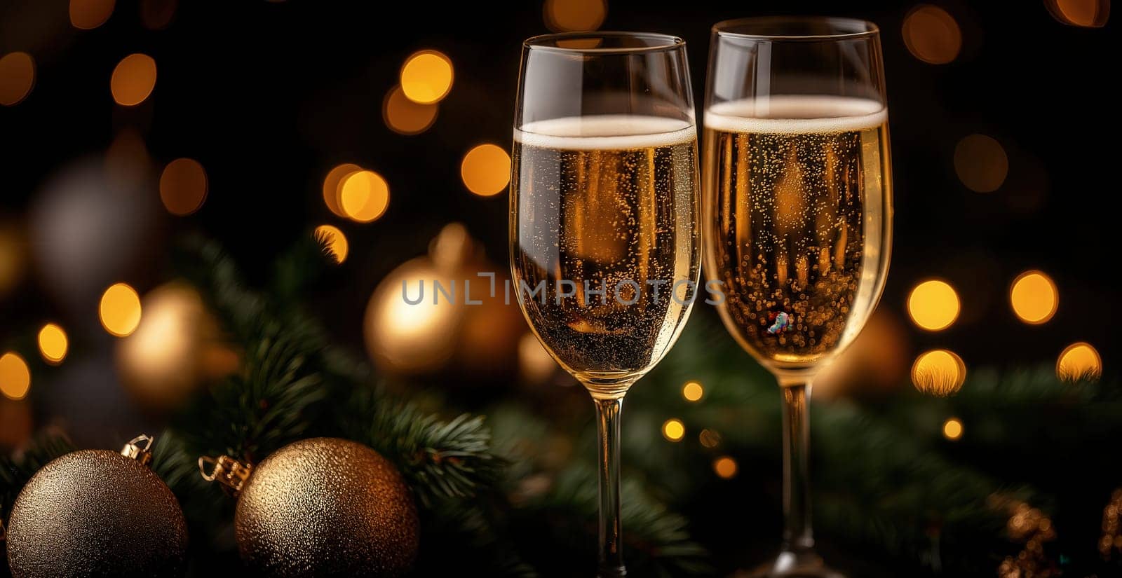 Champagne glasses on a celebratory table. Selective focus.