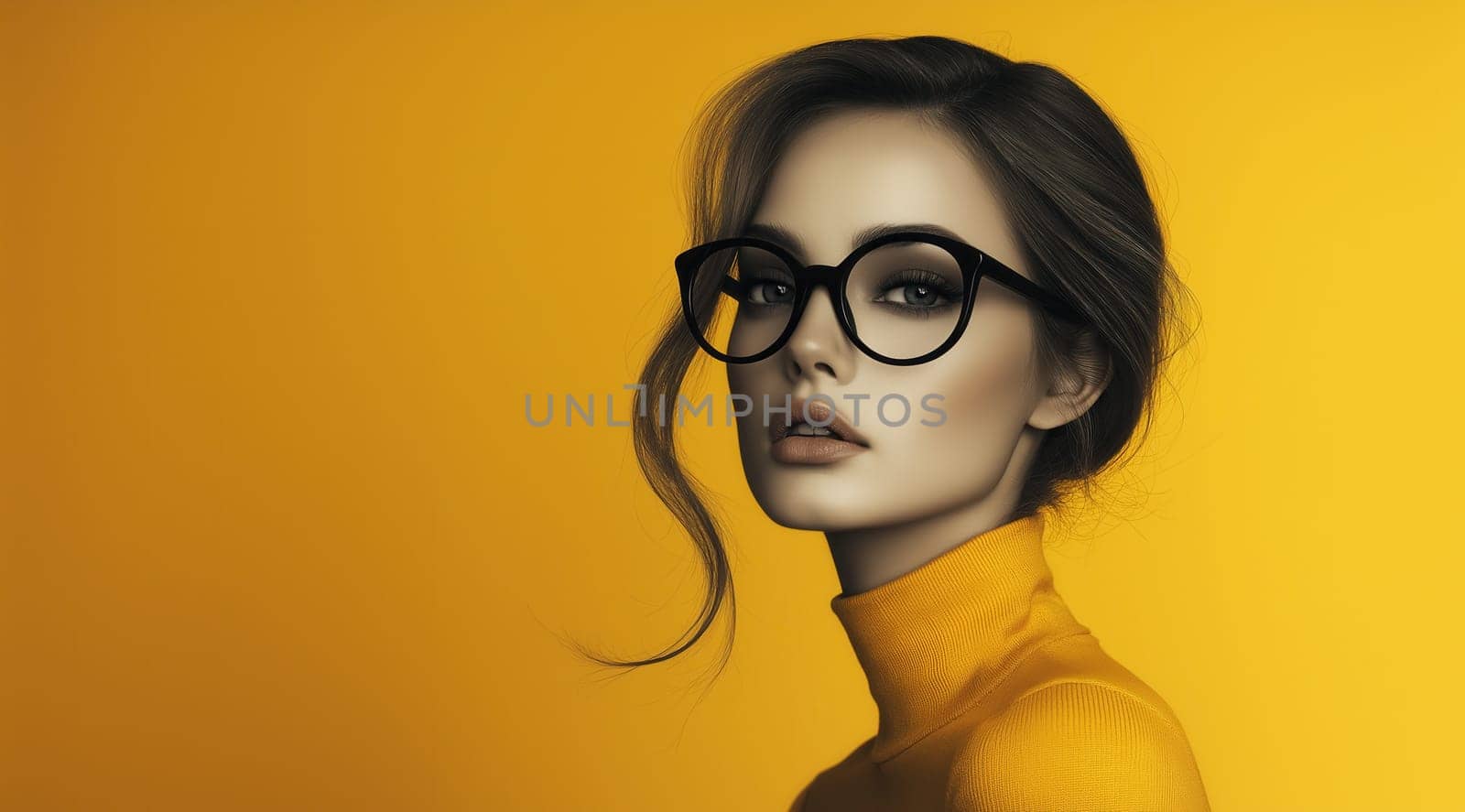 Young woman in glasses on a yellow background. Selective focus.