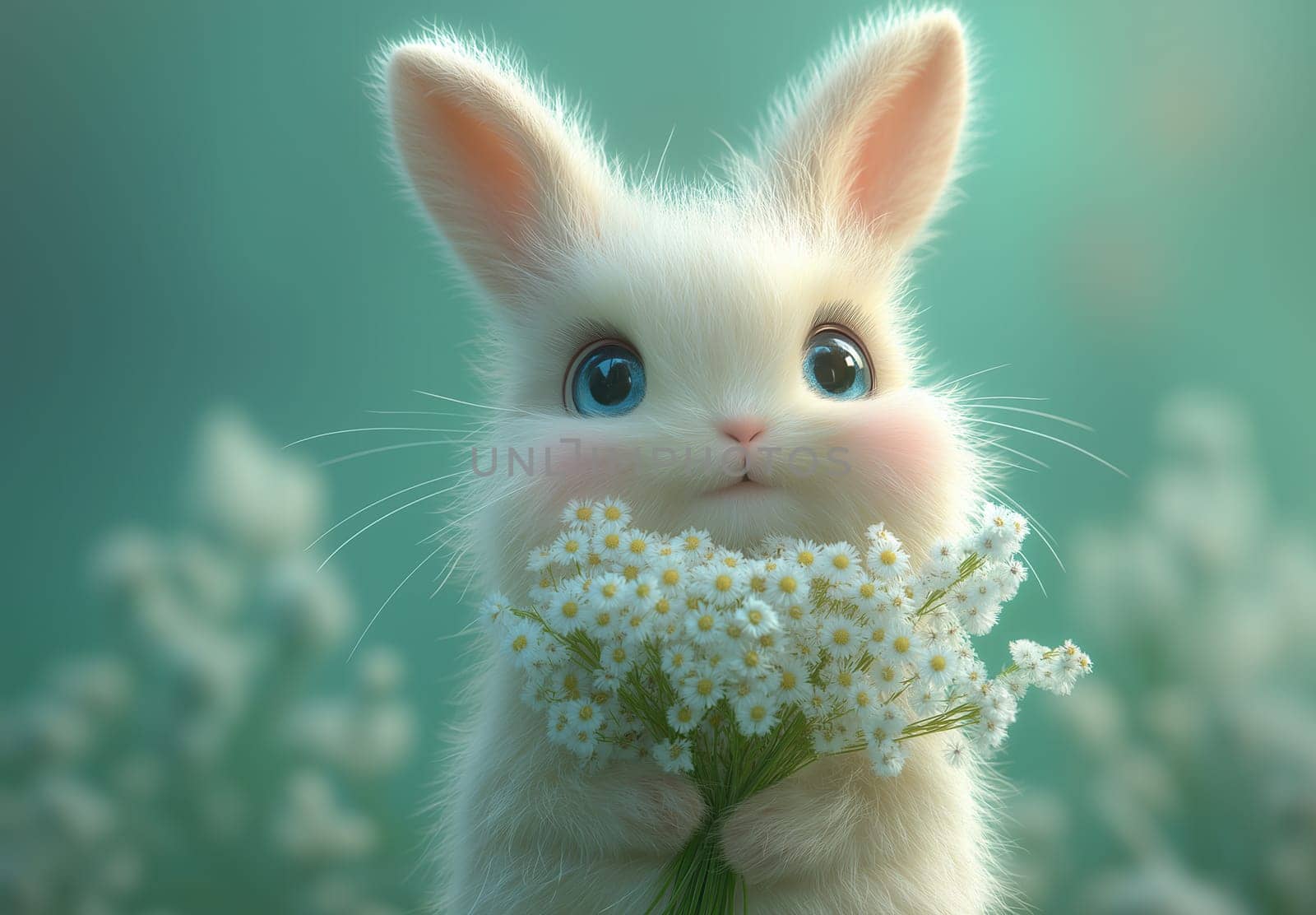 Illustration of a rabbit holding a bouquet of white flowers. Selective focus.
