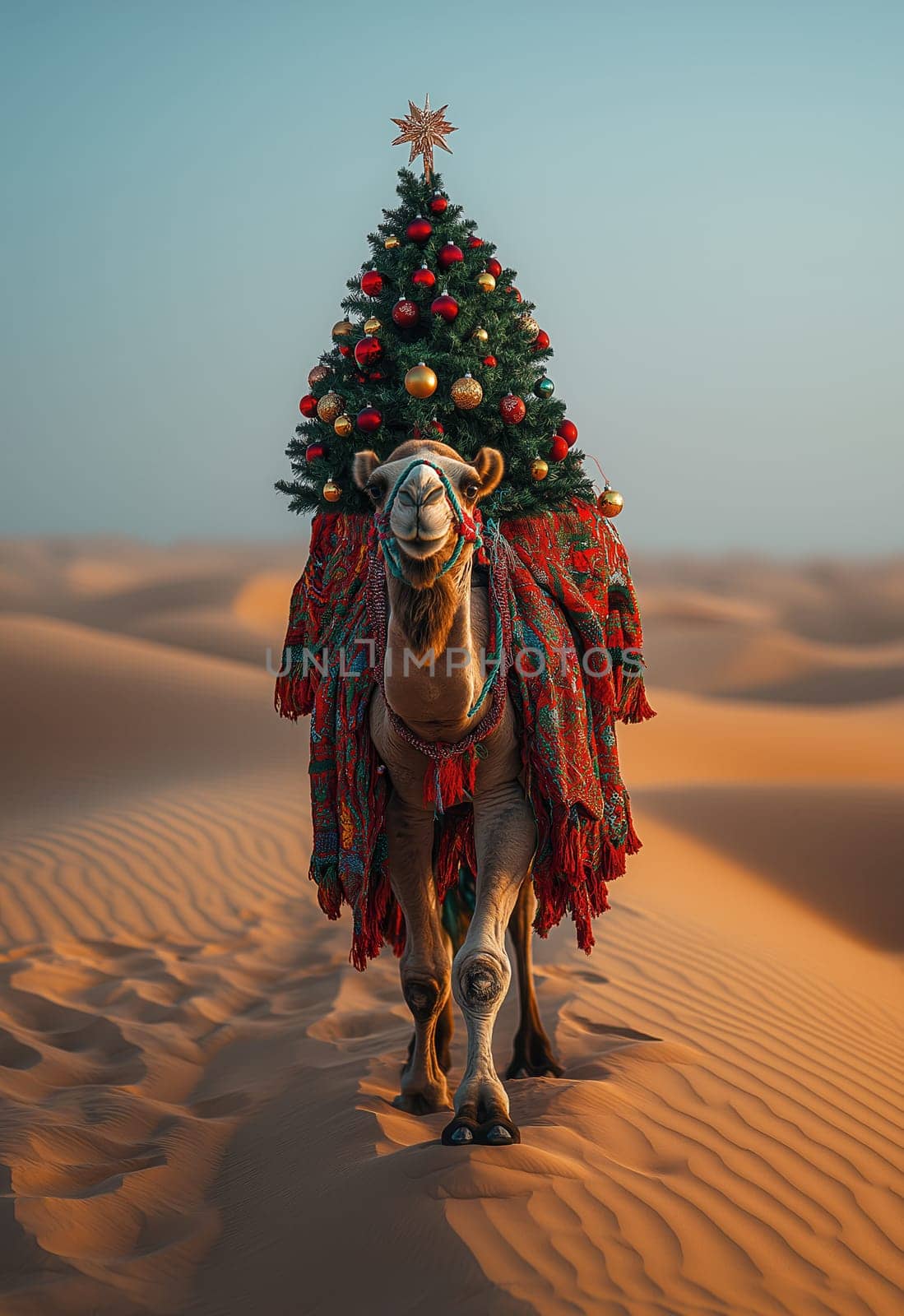 A camel in the desert delivering a Christmas tree. Selective focus.