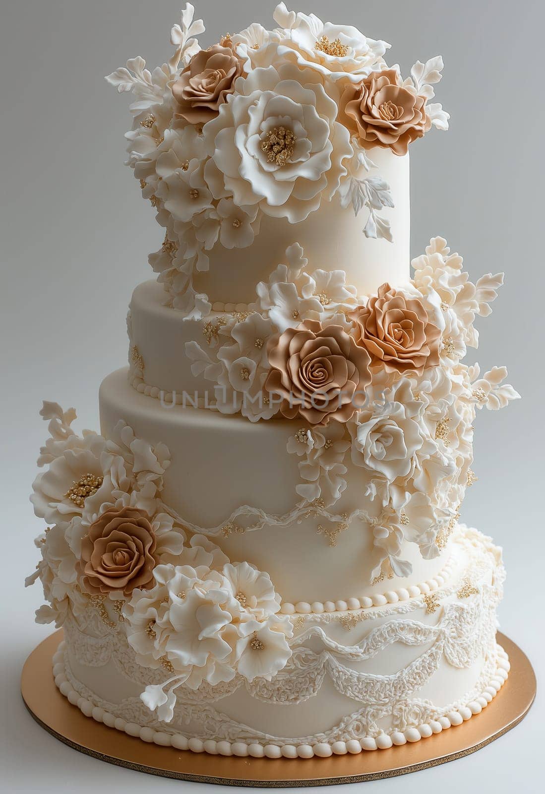 A tiered wedding cake decorated with roses on a light background. Selective focus.