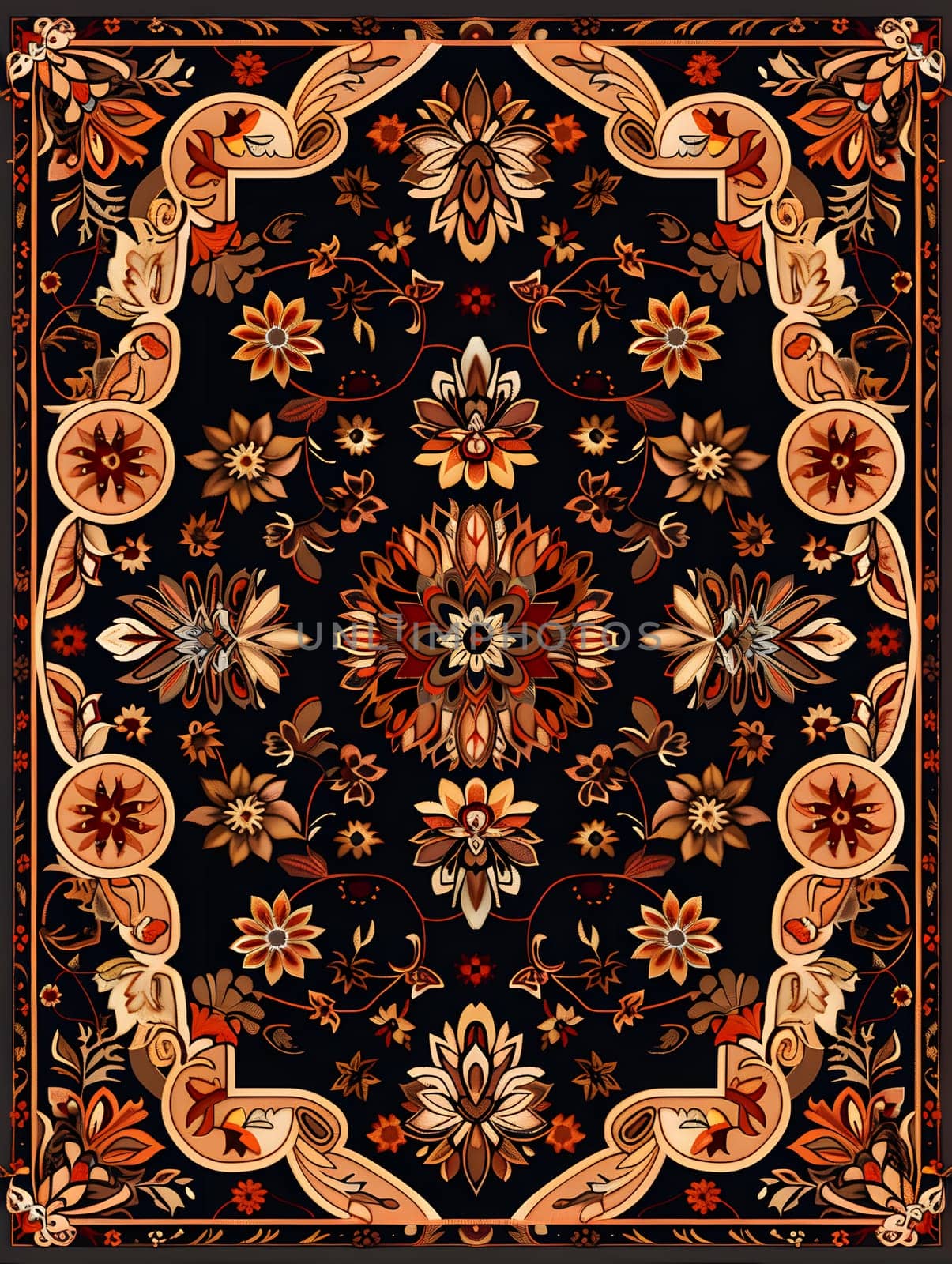 Intricate floral carpet pattern, dark background, rich colors, elegant design.