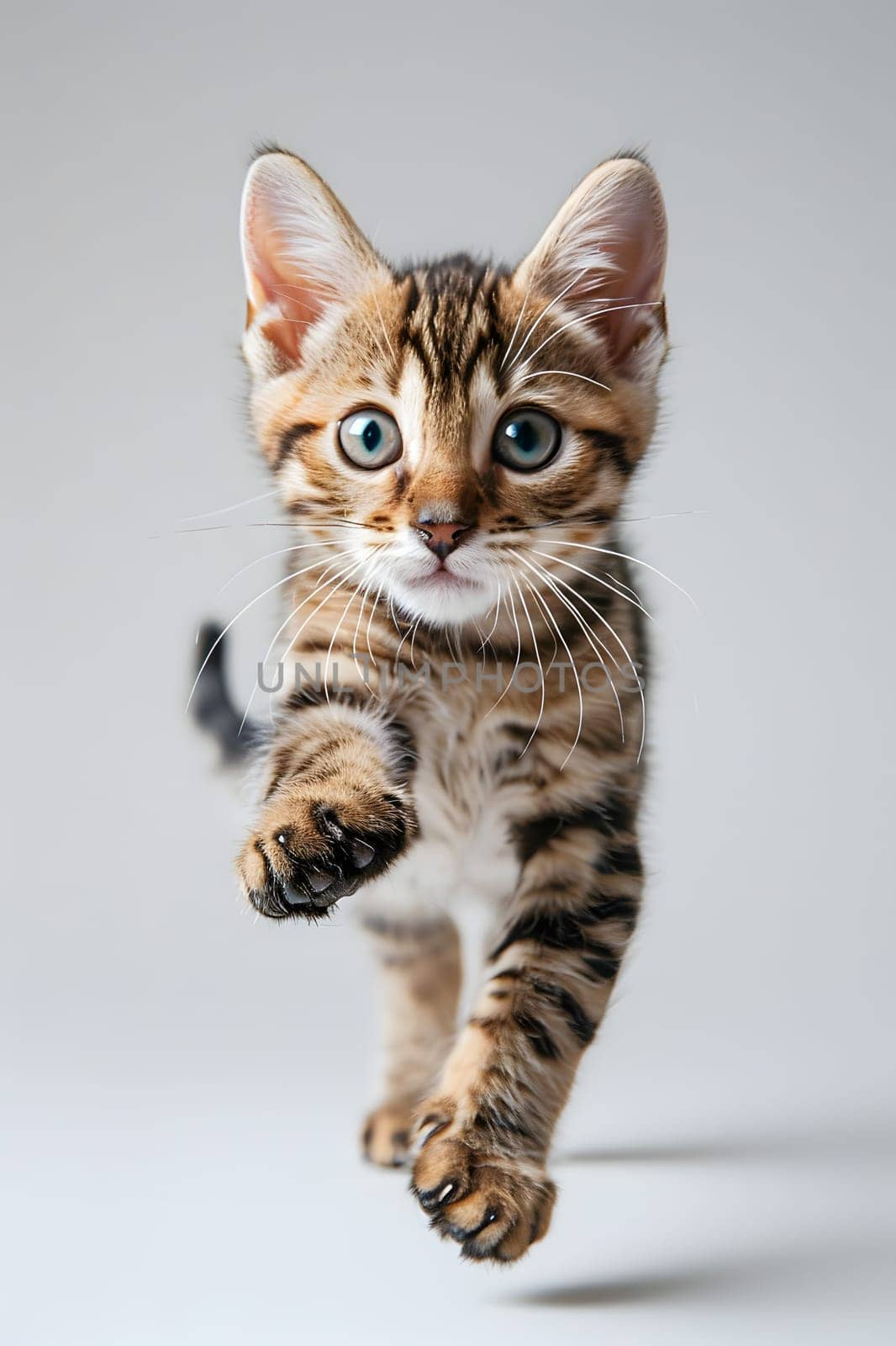 A small Felidae carnivore, the kitten is leaping in the air with its whiskers and fur visible on a white background. A terrestrial animal, part of the domestic shorthaired cat species and wildlife