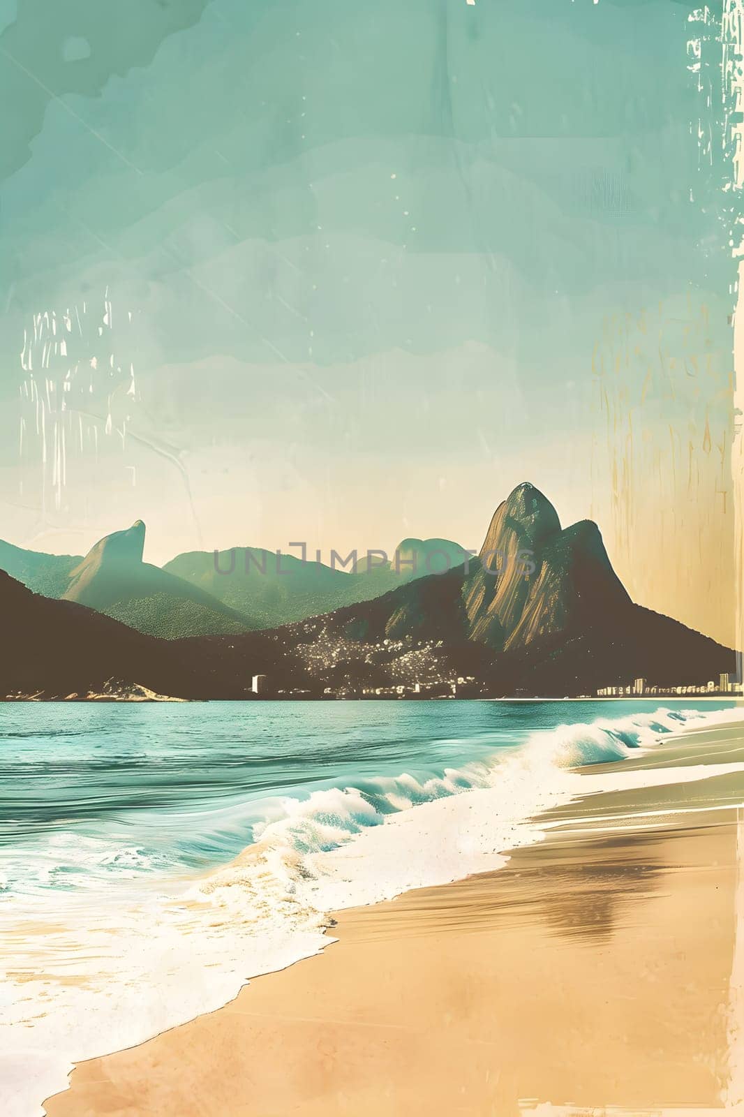 An art piece depicting a serene beach with liquid water, mountains in the background, under a colorful sky. A beautiful natural landscape for travel enthusiasts