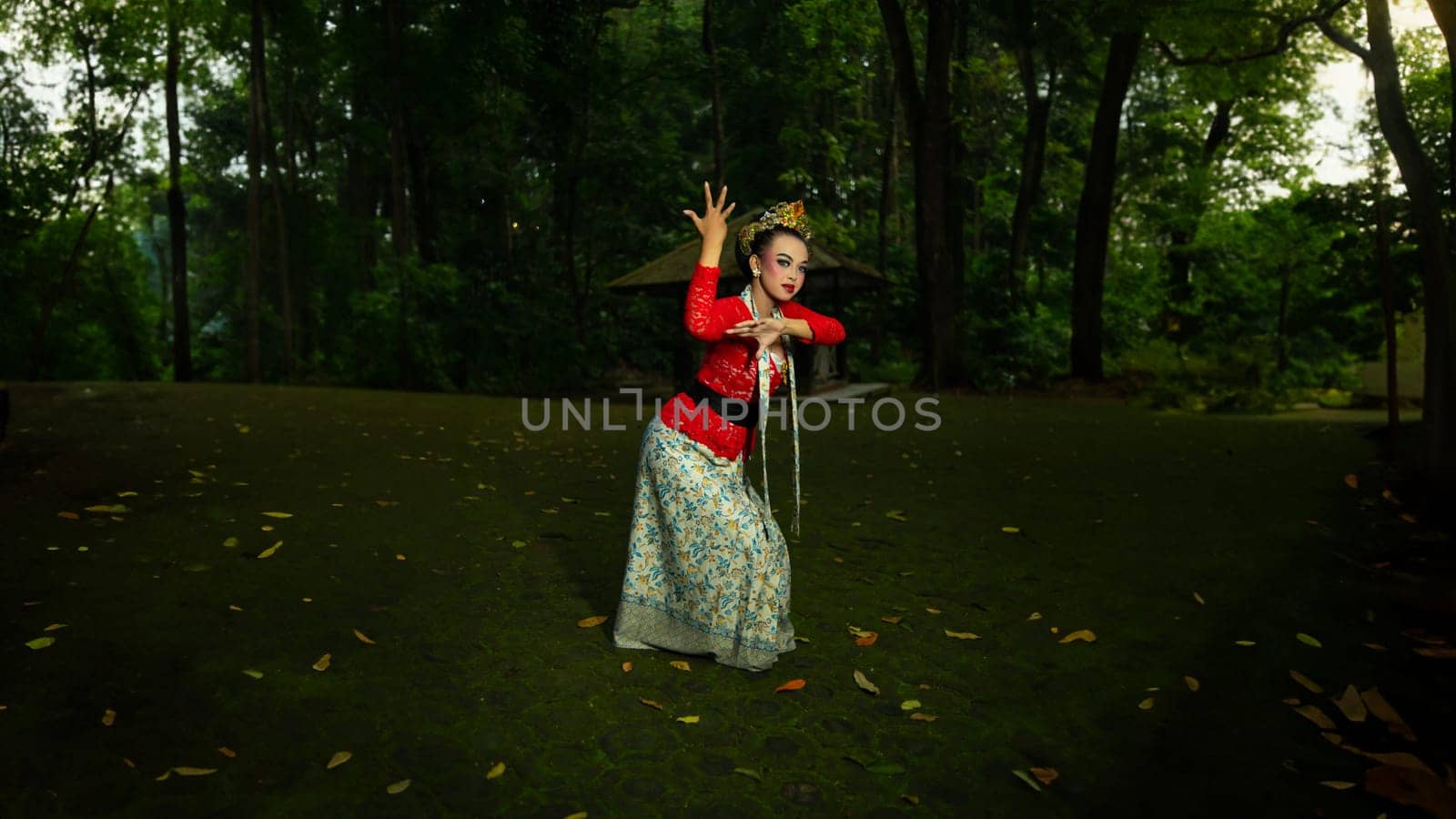 a Balinese dancer wearing a red costume which becomes a visual attraction for the audience with the beauty of the dance performed in the forest in the afternoon