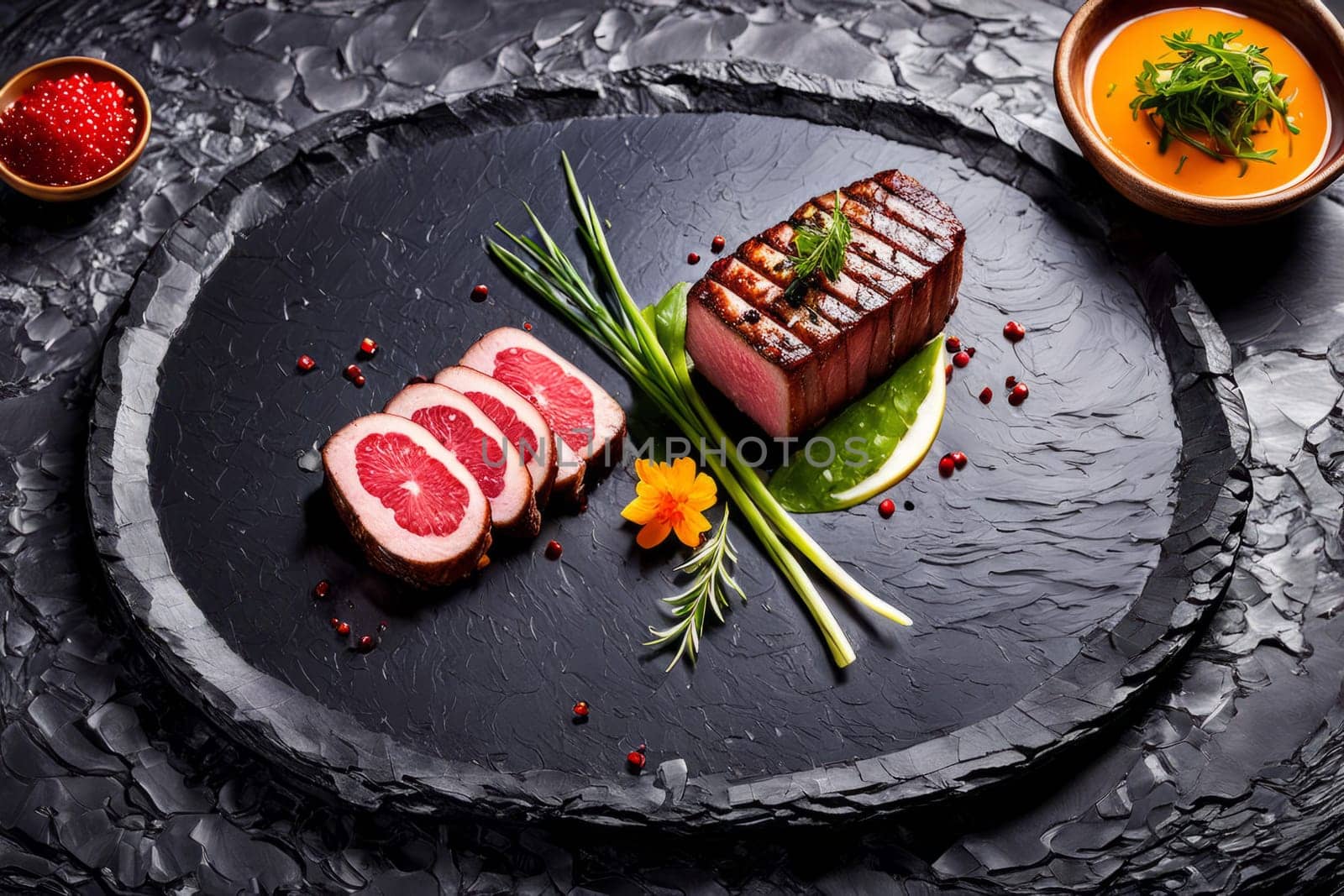 Exquisite steak dish showcasing rich colors and grill marks, elegantly arranged on slate. Ideal for food photography, restaurant menus, and culinary blogs, emphasizing gourmet dining experiences