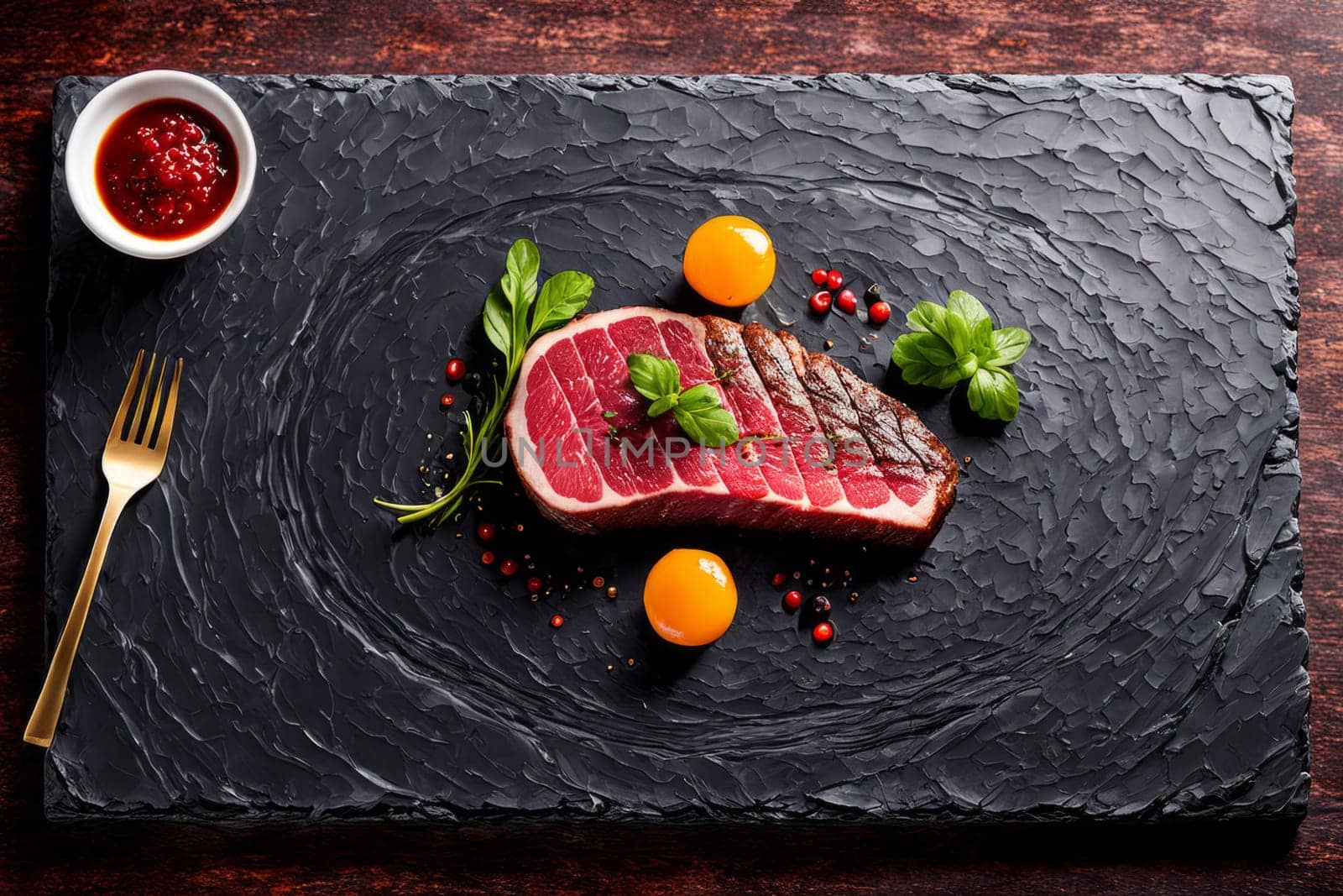 Juicy grilled steak on black slate plate, garnished with fresh herbs and vibrant sauces. Perfect for culinary presentations and gourmet food photography showcasing rich textures and colors