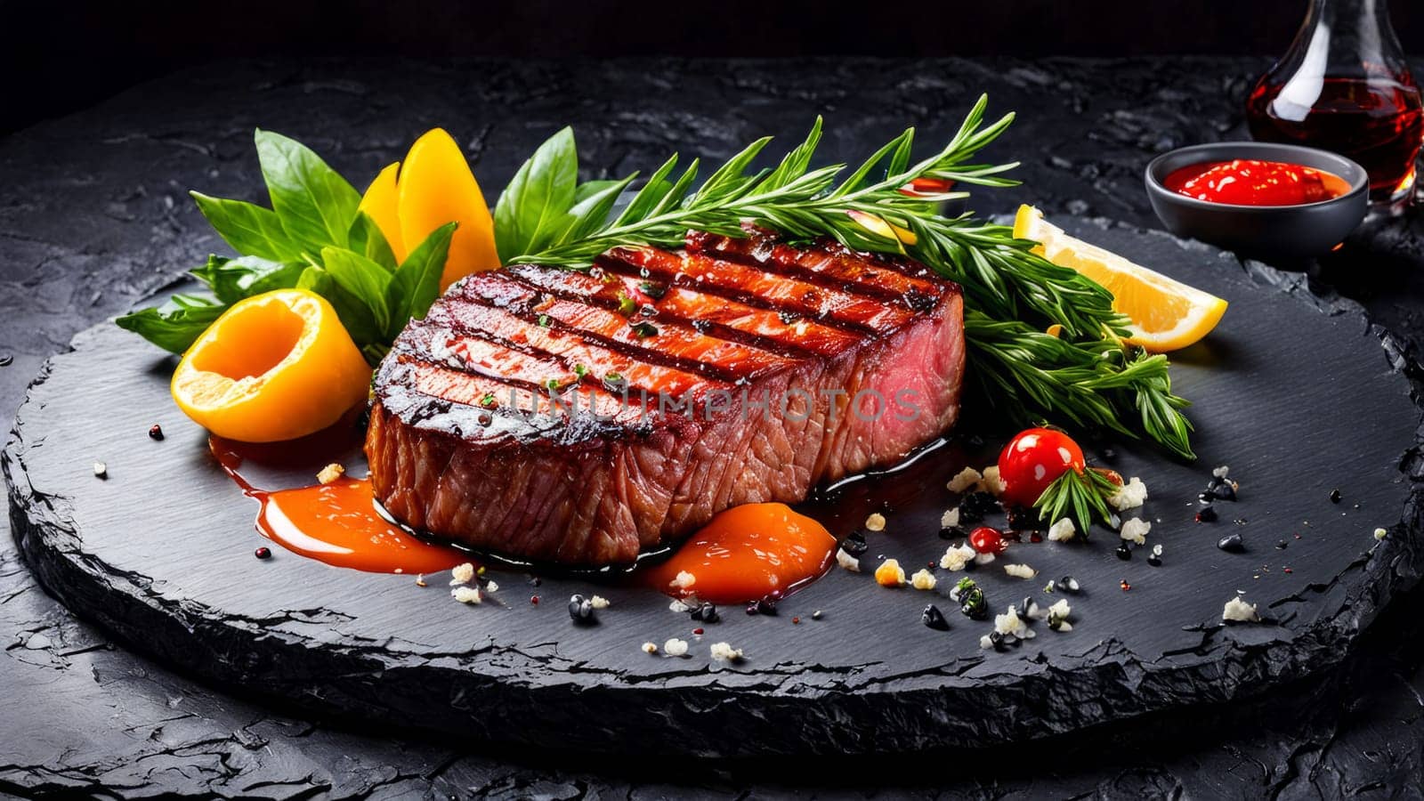 Gourmet steak presentation featuring vibrant colors and textures. Grilled perfection on slate, garnished with fresh herbs and sauces, ideal for food enthusiasts, chefs, and culinary marketing