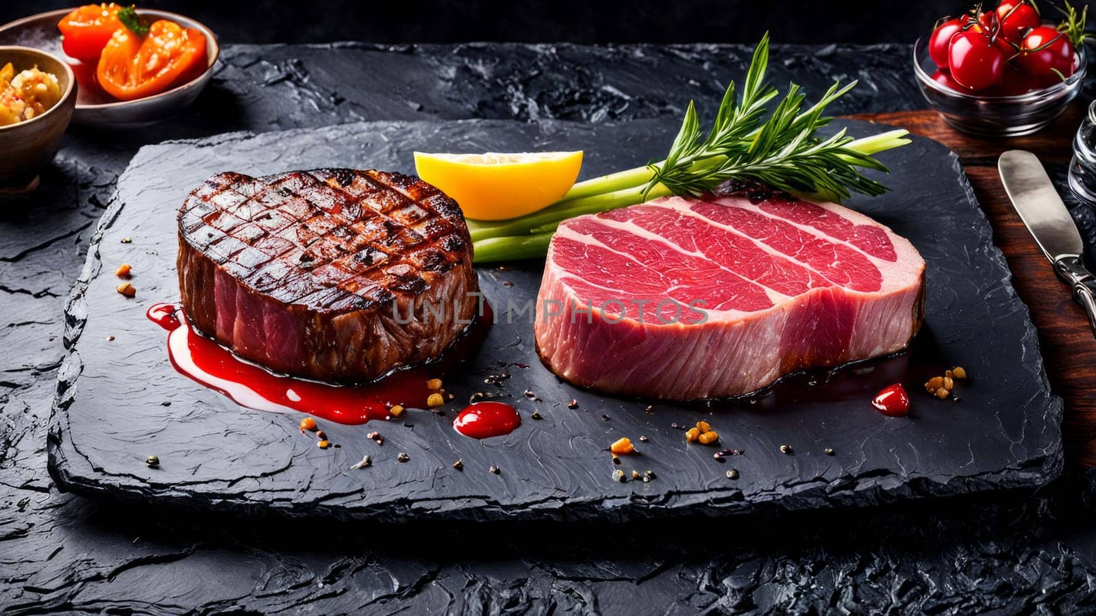 Artistic plating of grilled steak on dark slate, garnished with fresh herbs and vibrant sauces. Captures essence of gourmet cuisine, perfect for culinary showcases, blogs, and menus