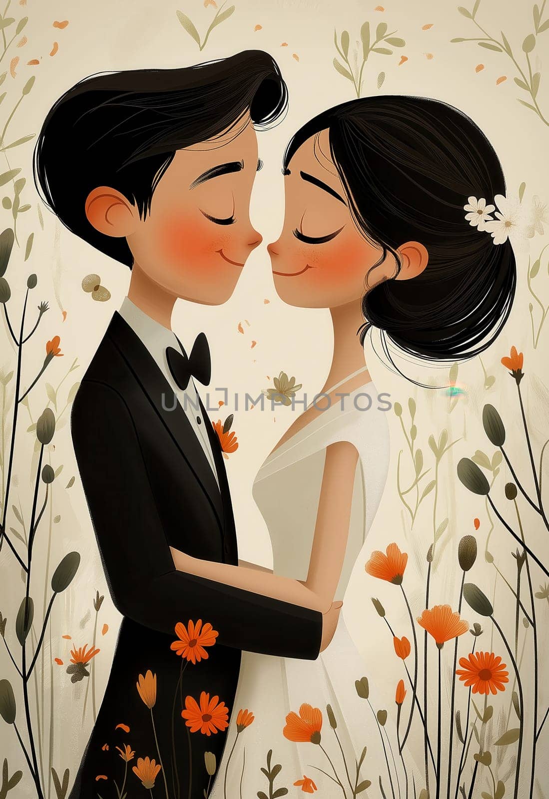 A cartoon illustration of a bride and groom on a cream background. Selective focus.
