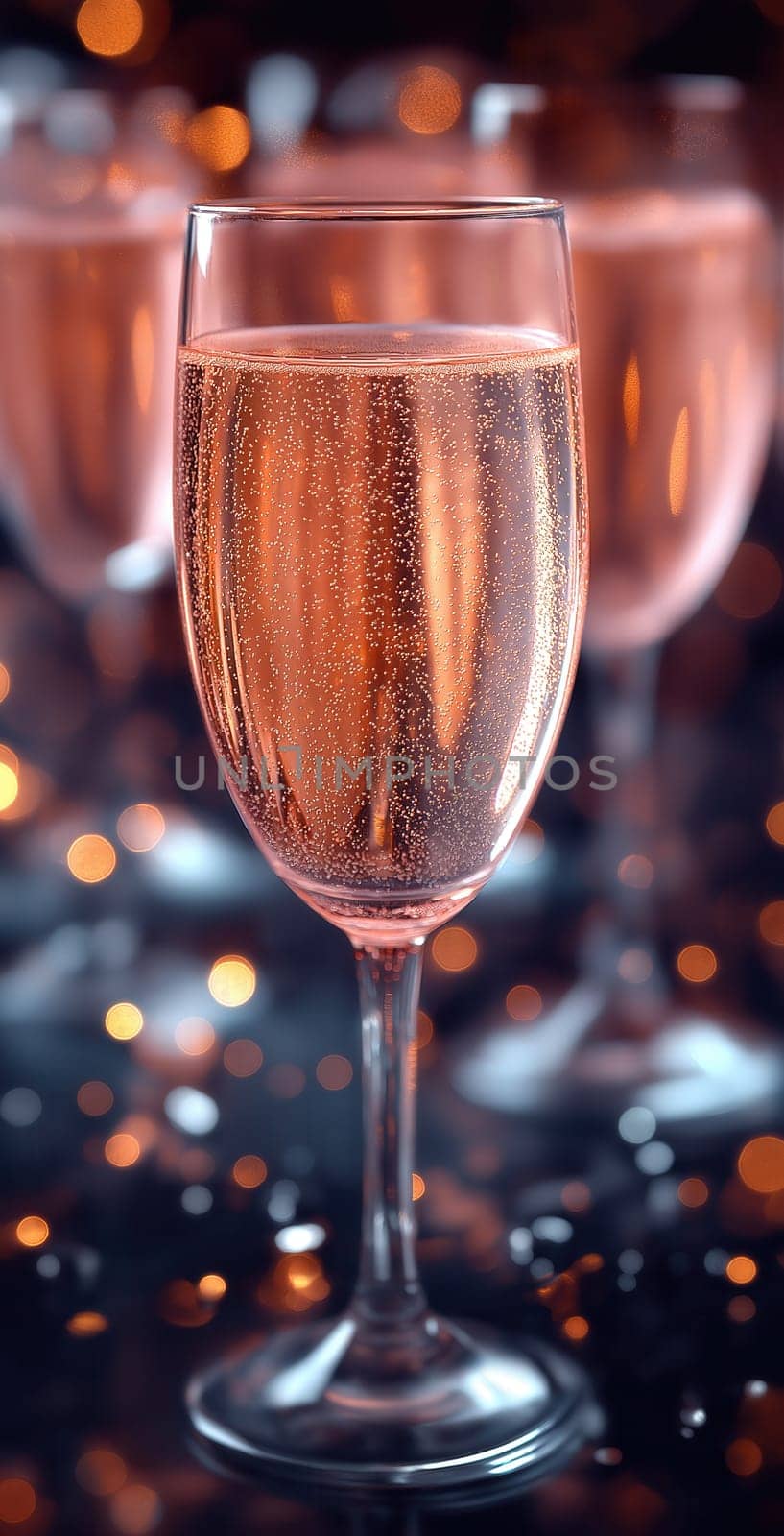 Glasses of pink champagne on the table. Selective focus.