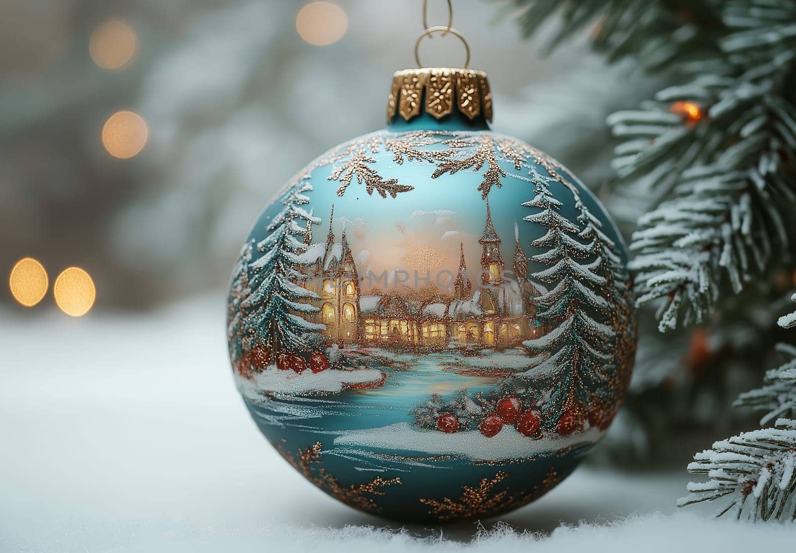 Christmas ball with cityscape on Christmas tree. Selective focus.