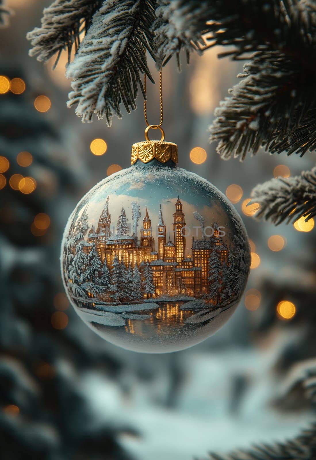 Christmas ball with cityscape on Christmas tree. Selective focus.