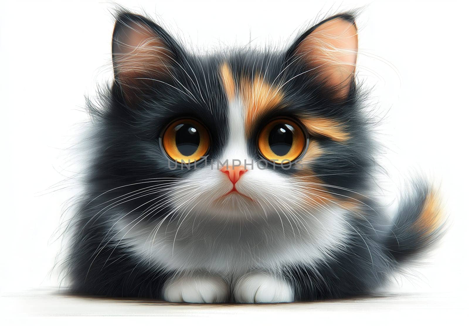 Cartoon tricolor cat on a white background. Selective focus.