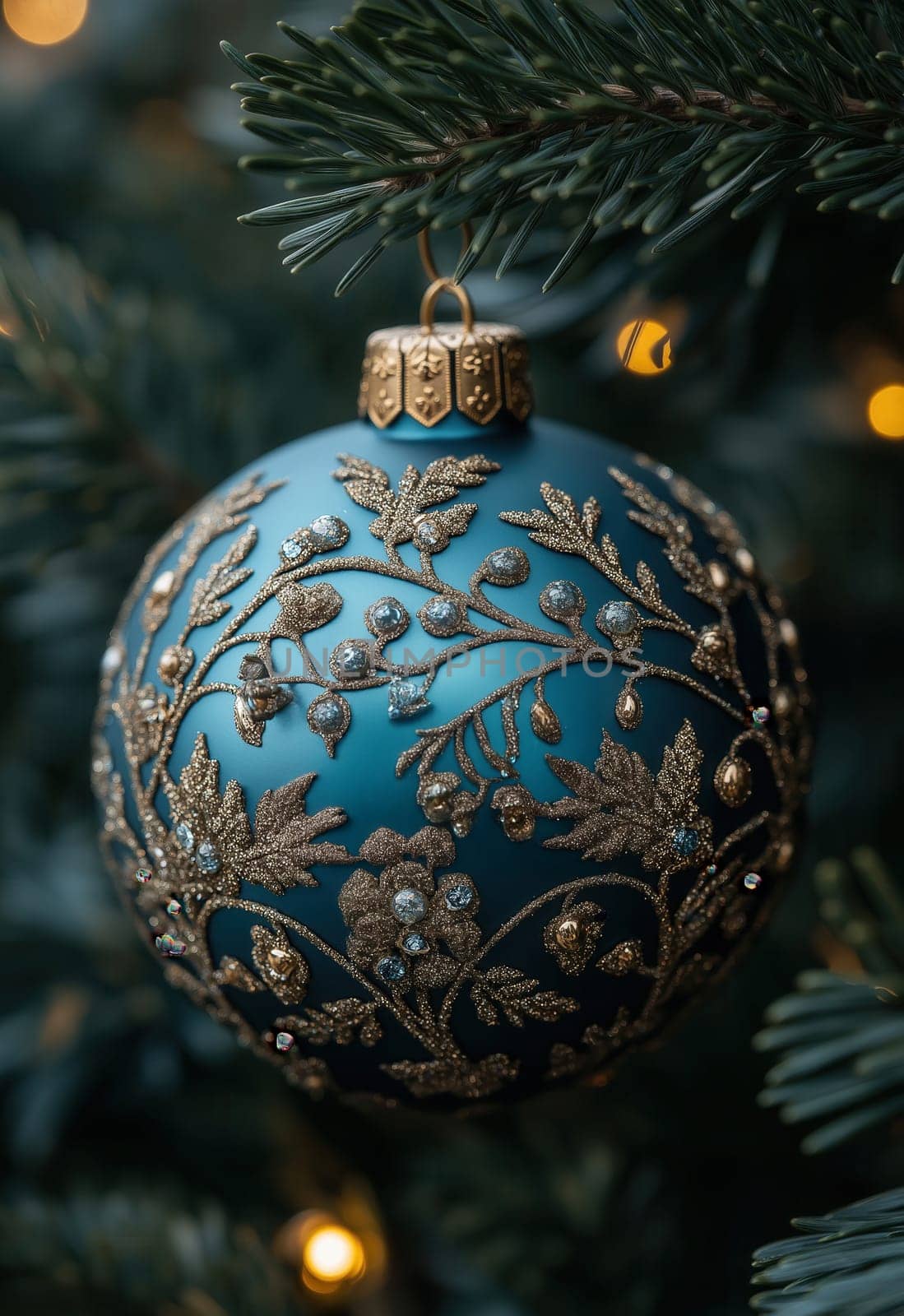 Christmas tree ball hanging on a branch of a Christmas tree. Selective focus.