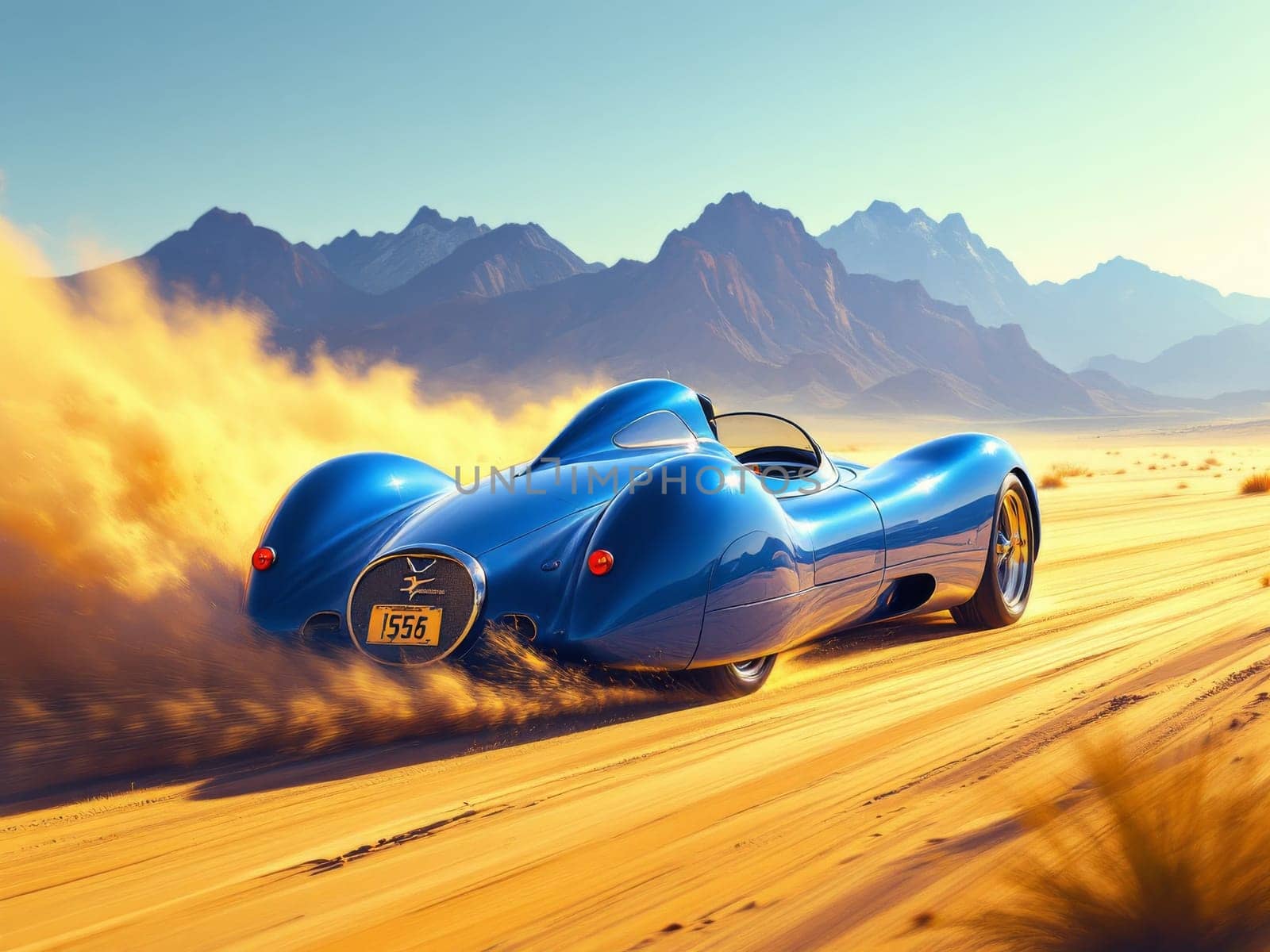 Classic blue sports car driving fast on a sandy desert road, leaving a trail of dust behind, with mountains in the background. Ai generated