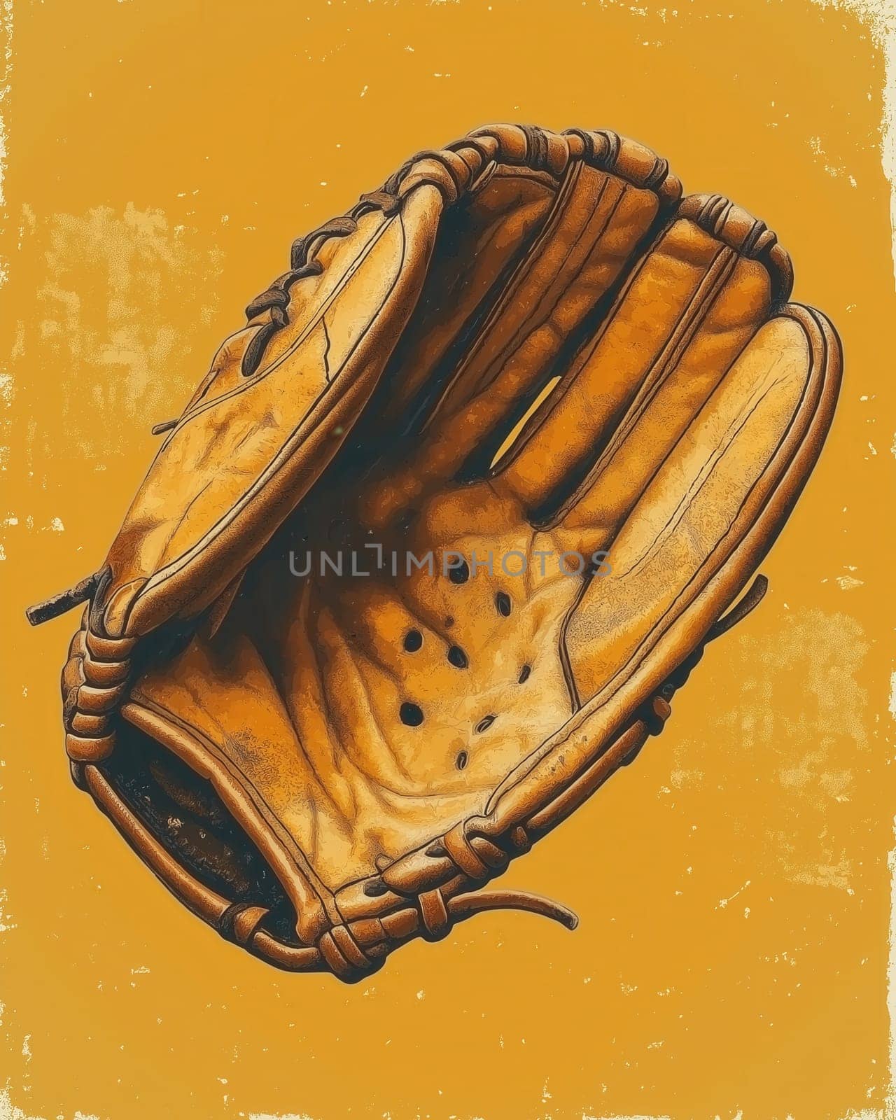 Poster with baseball glove on yellow background. Selective focus.