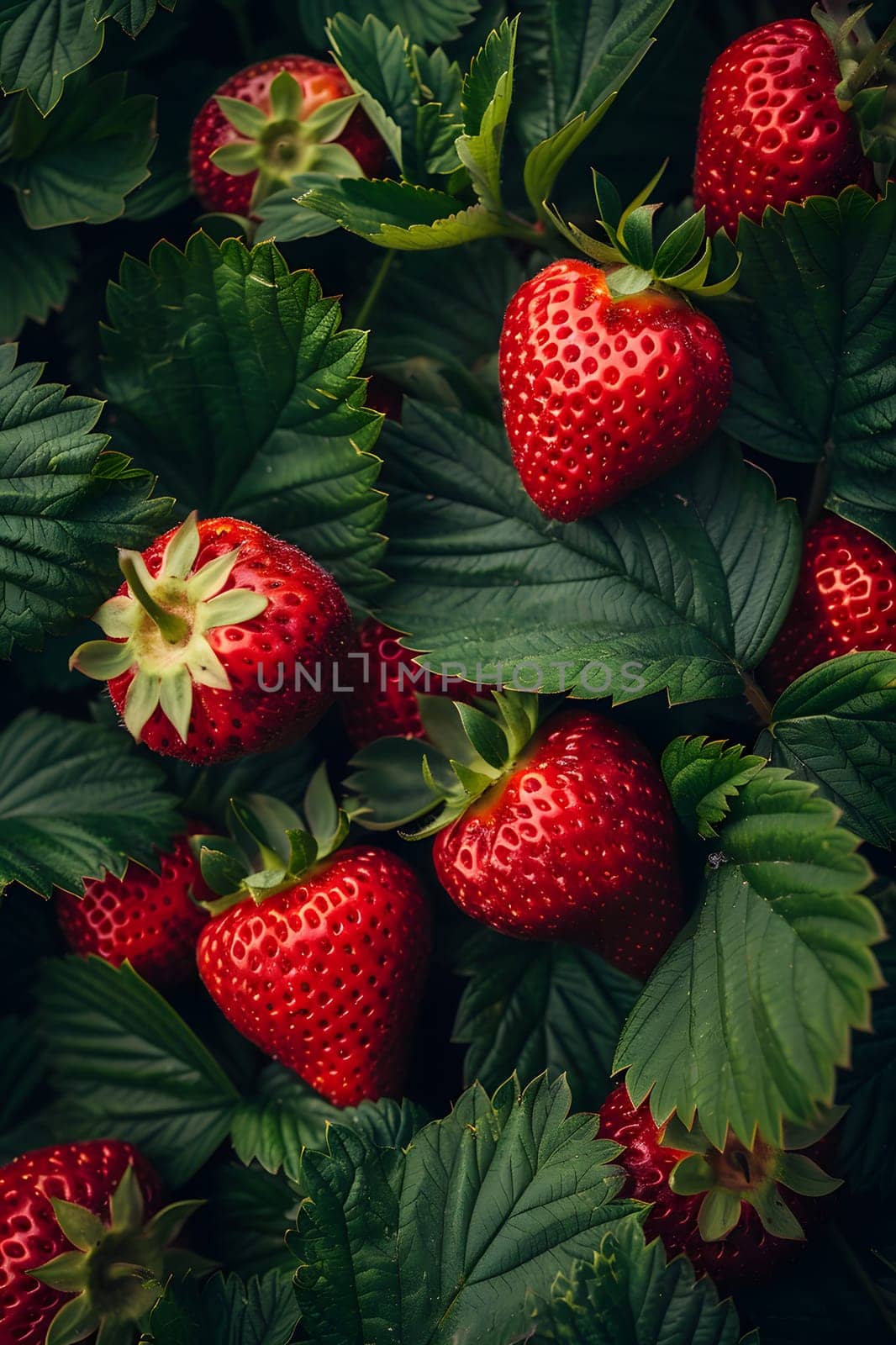 Strawberries, a red superfood, grow on a bush with green leaves. They are a staple food and natural produce, making them a popular seedless fruit choice