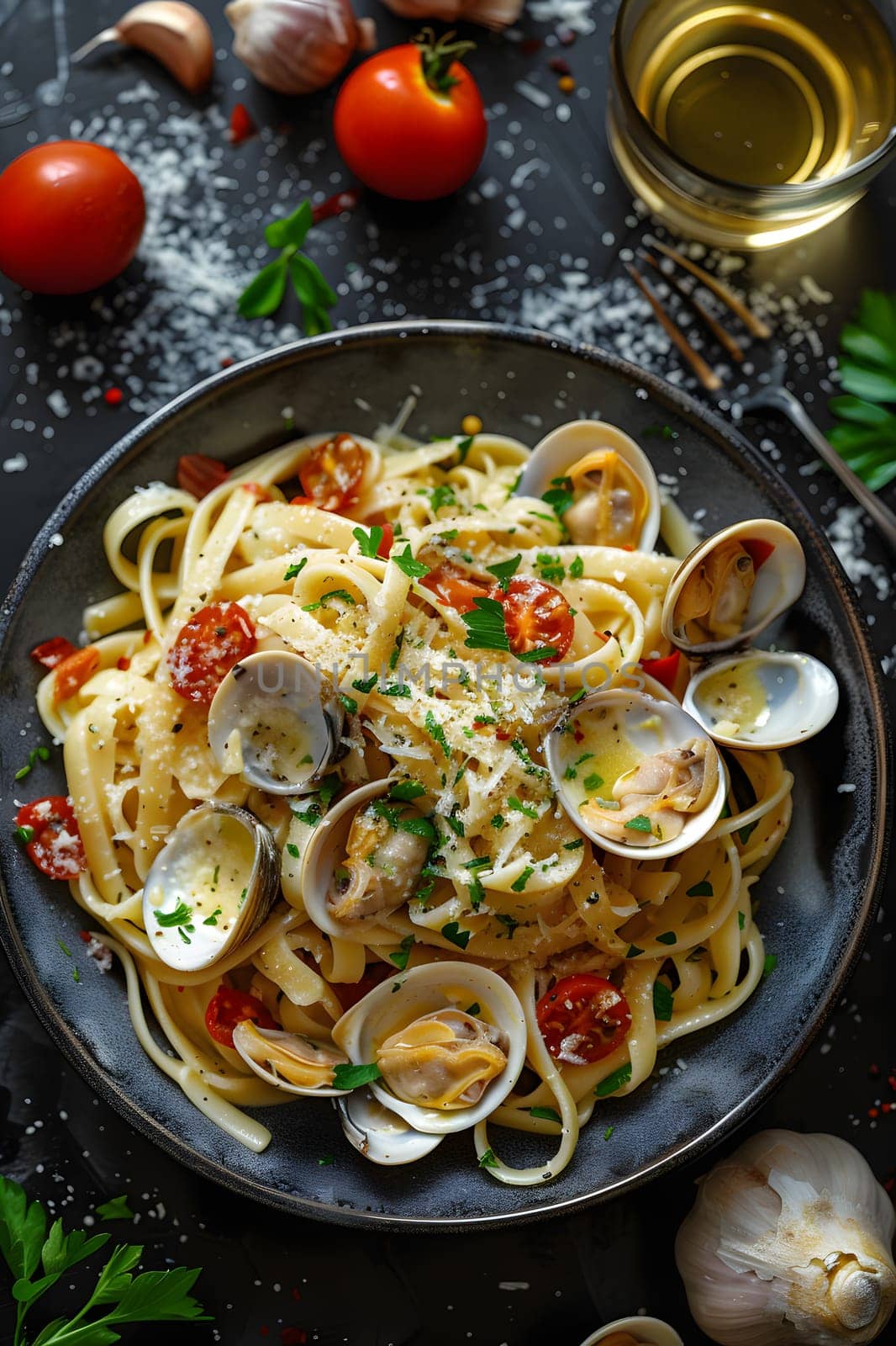 A delicious dish of pasta with clams and tomatoes served on a table. The ingredients include plum tomatoes, cherry tomatoes, and bush tomatoes