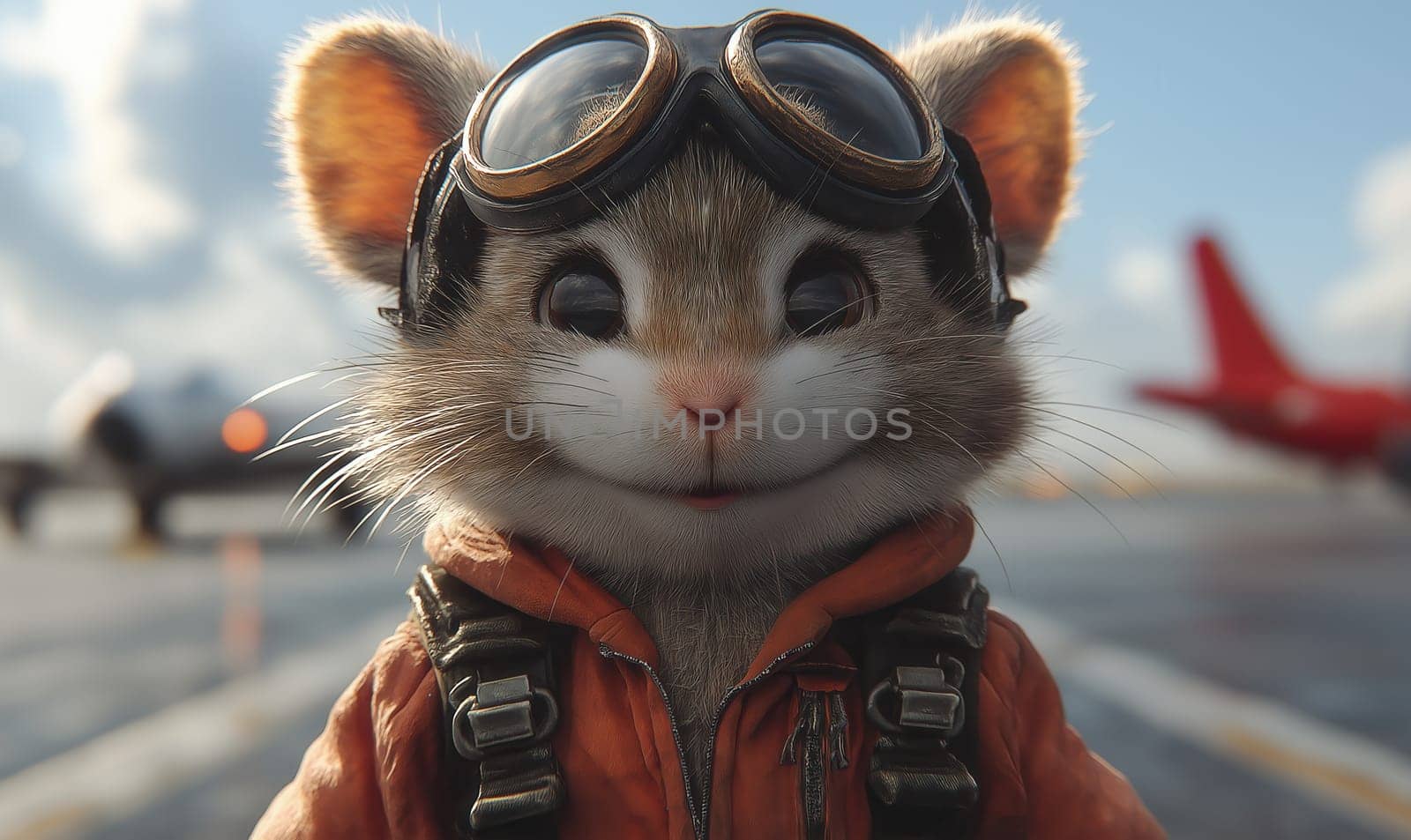 Cartoon mouse pilot on runway. Selective focus.
