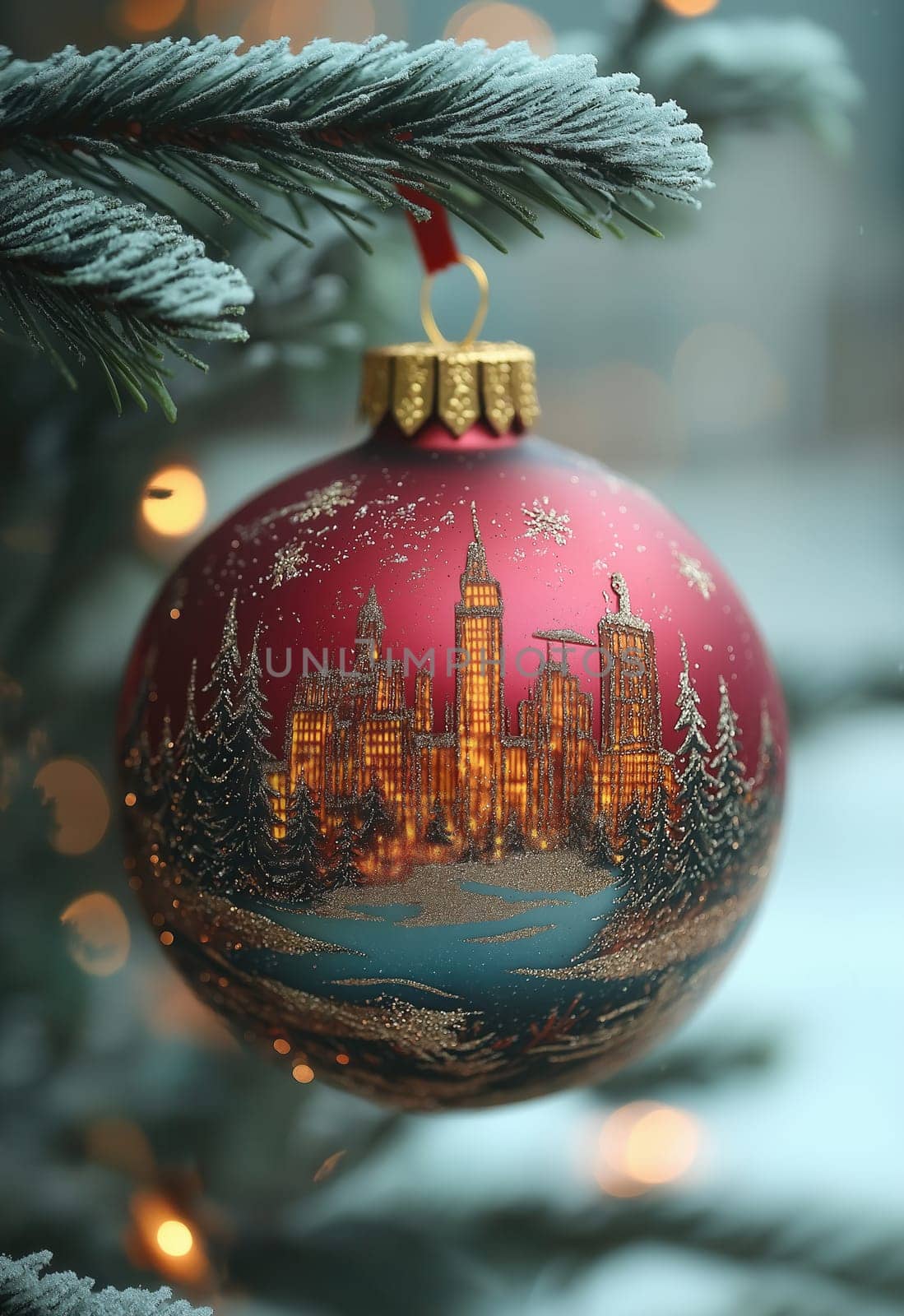 Christmas pink ball with cityscape on fir tree. Selective focus.
