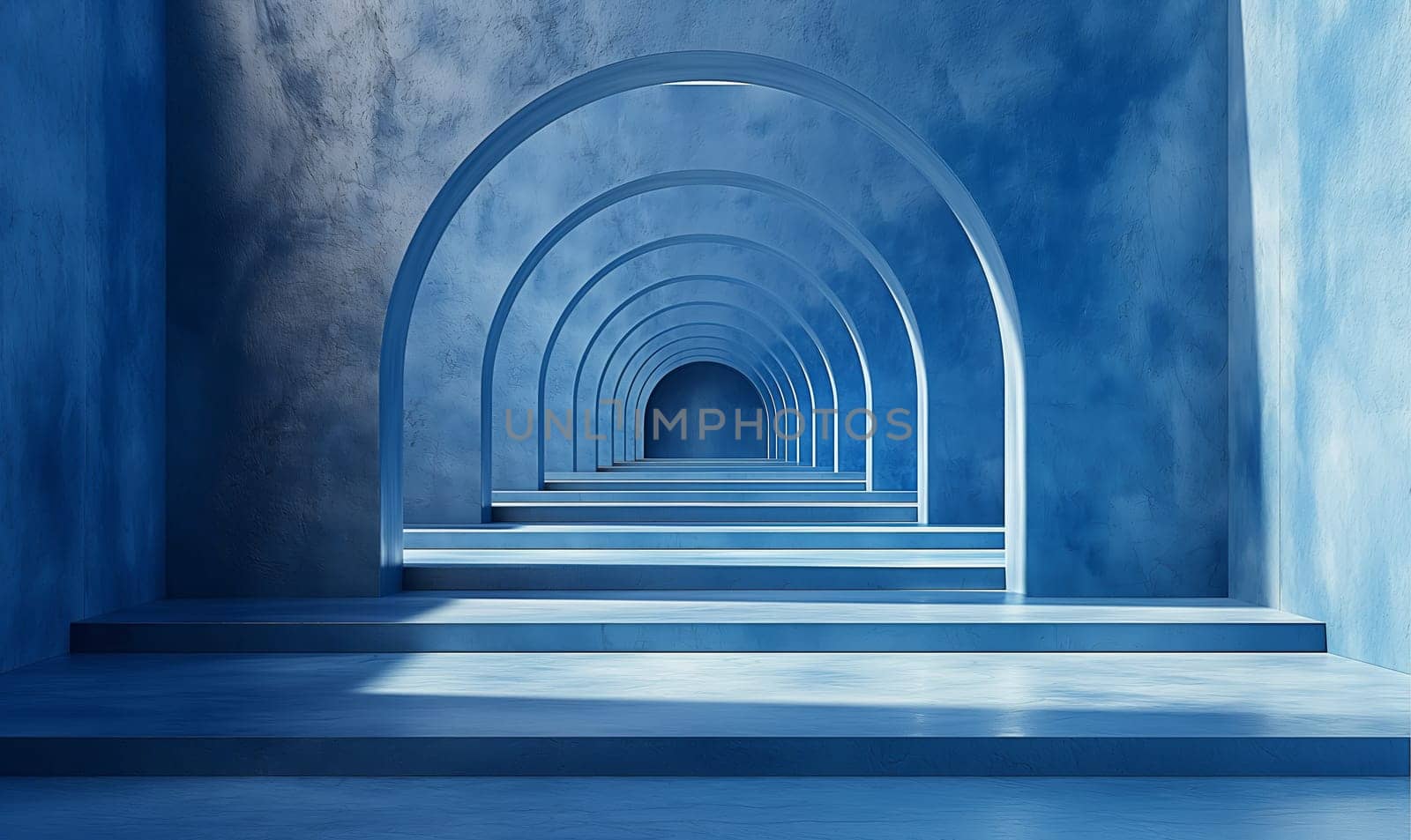 An empty blue room with a staircase and arches. Selective focus.