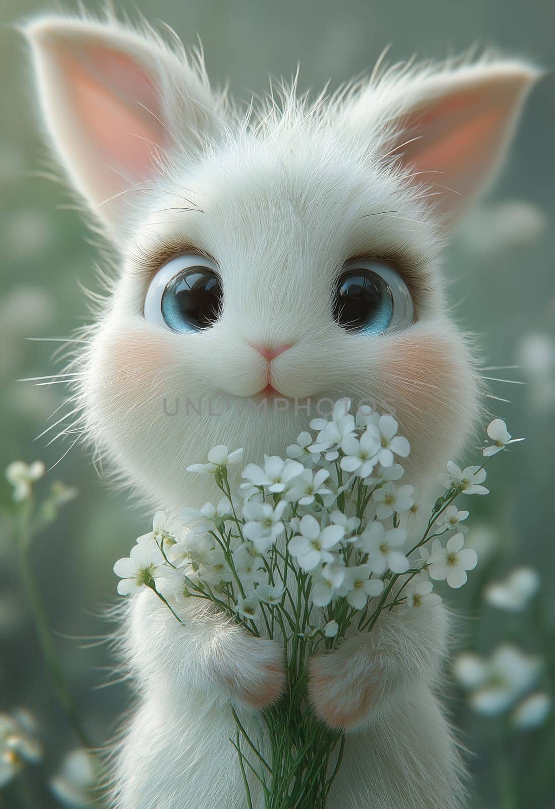 Illustration of a rabbit holding a bouquet of white flowers. Selective focus.