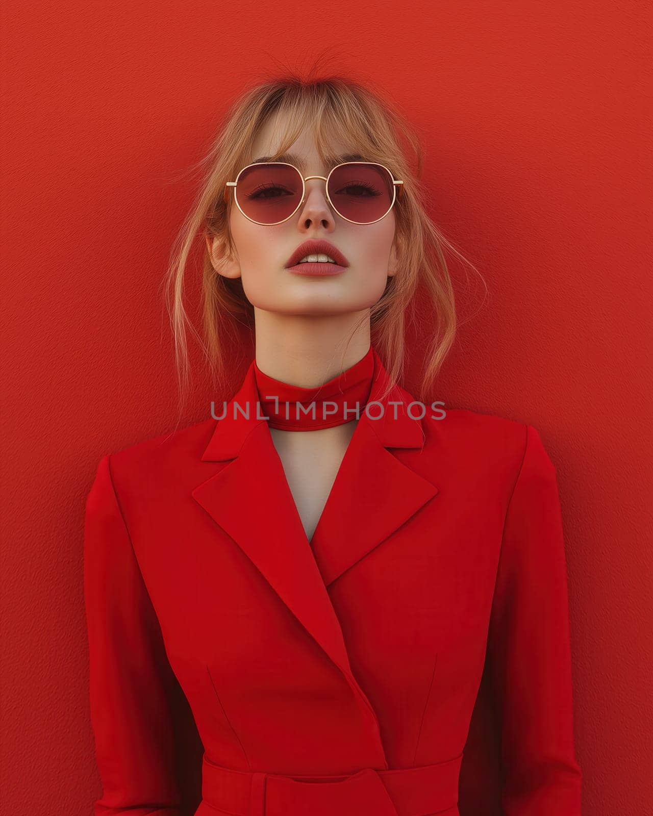 A young woman in glasses and a red jacket on a red background. Selective focus.