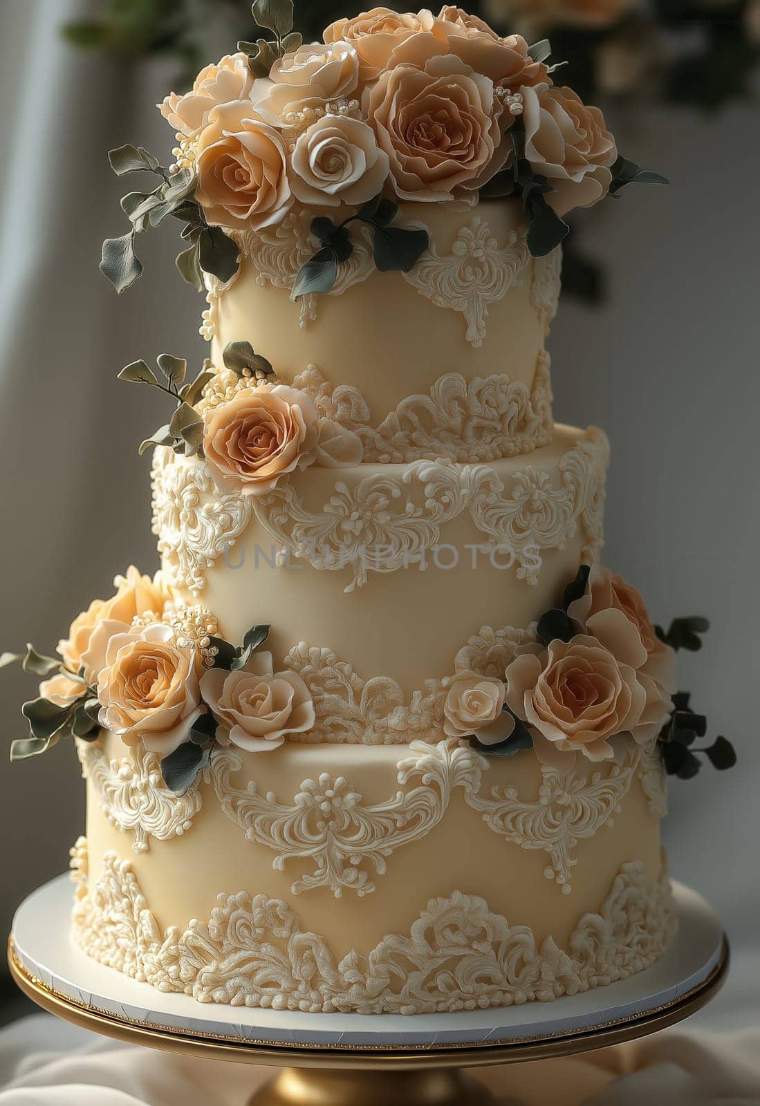A tiered wedding cake decorated with roses on a light background. Selective focus.