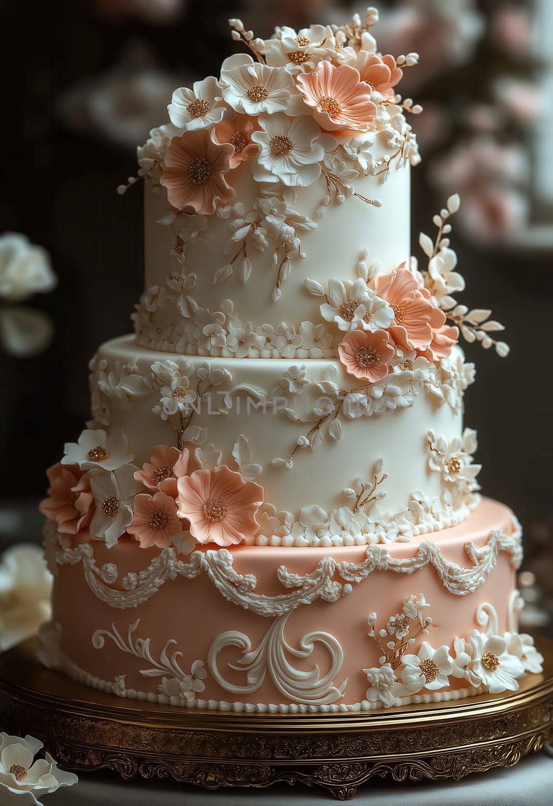 A tiered wedding cake decorated with roses on a blurred background. Selective focus.
