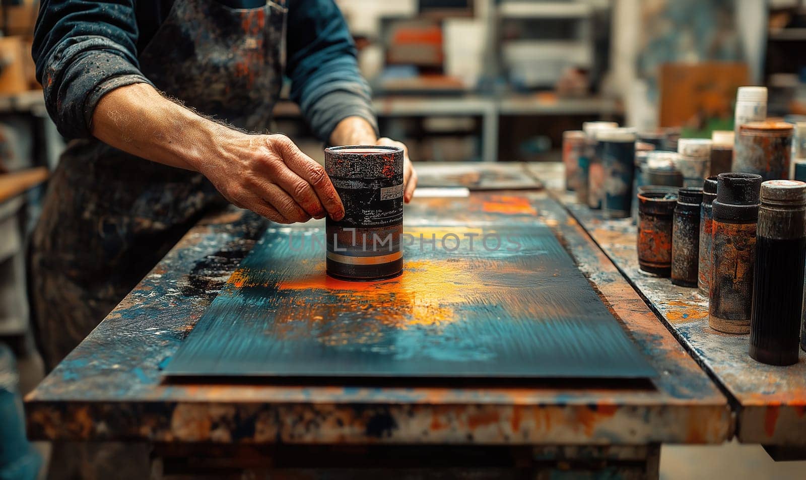An artist creates an abstract painting on canvas. Selective focus.