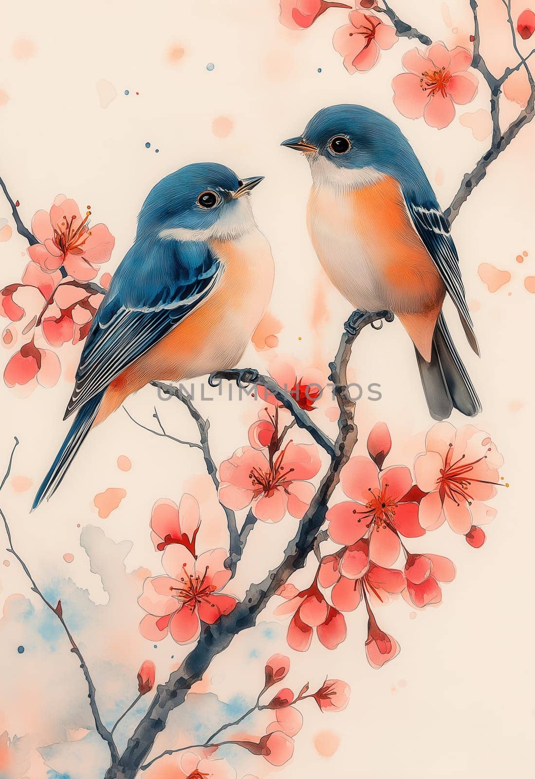 Watercolor, two birds sitting on a flowering branch. Selective focus.