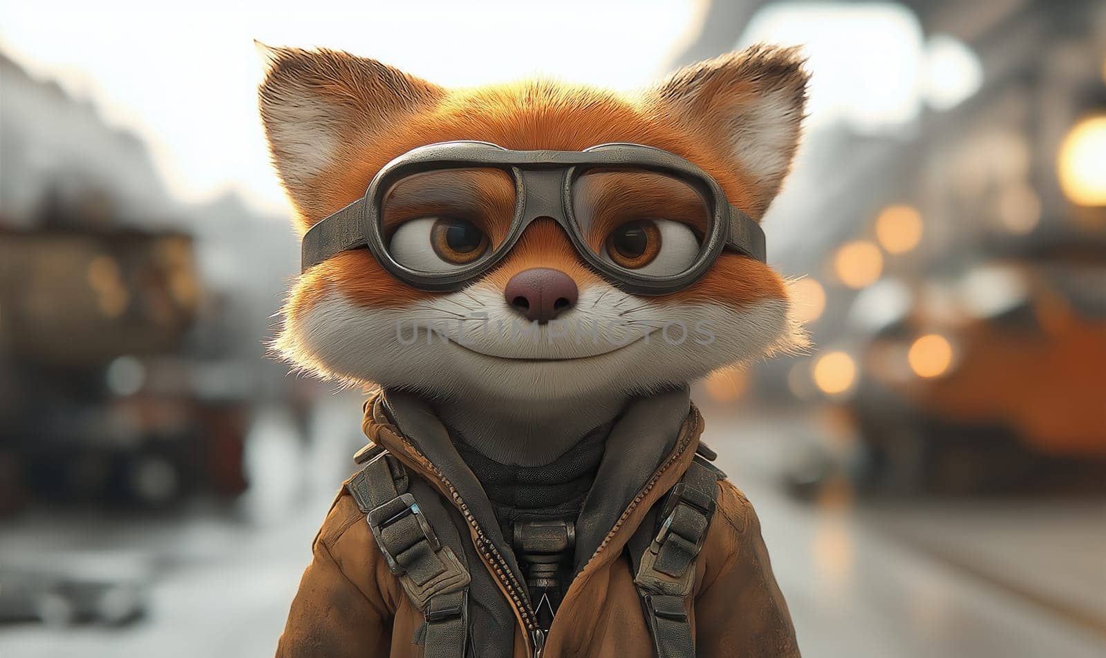 Cartoon fox pilot on runway. Selective focus.