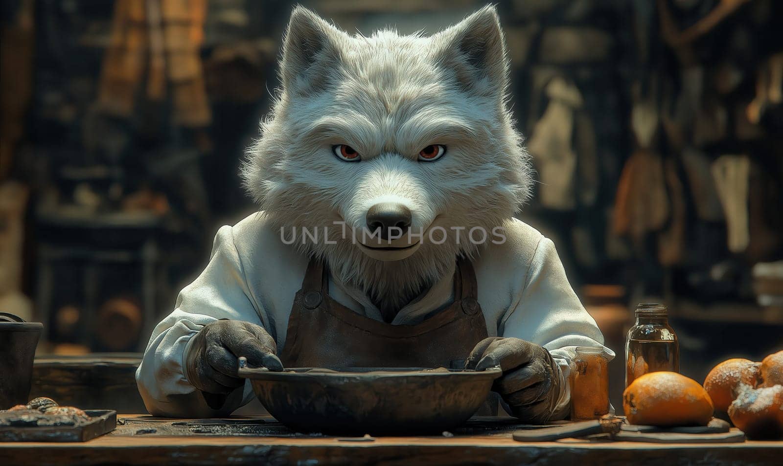 Illustration of a wolf working in an apron in a workshop. Selective focus.