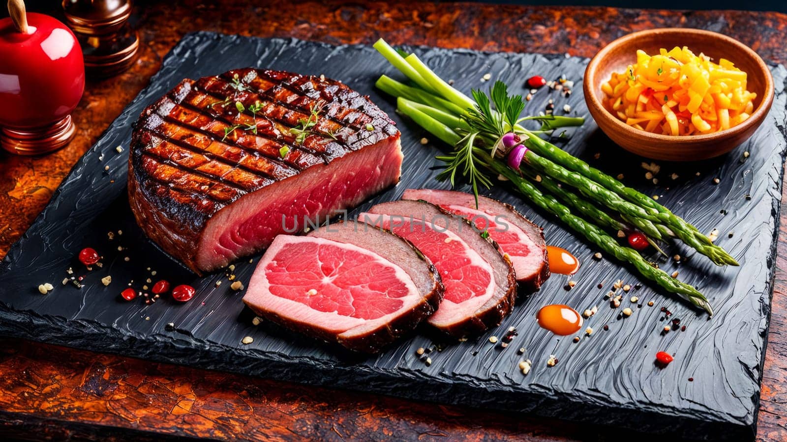 Grilled meat served on slate board, garnished with fresh herbs. Accompanied by bright asparagus and colorful salad. Perfect for culinary presentations or gourmet food promotions