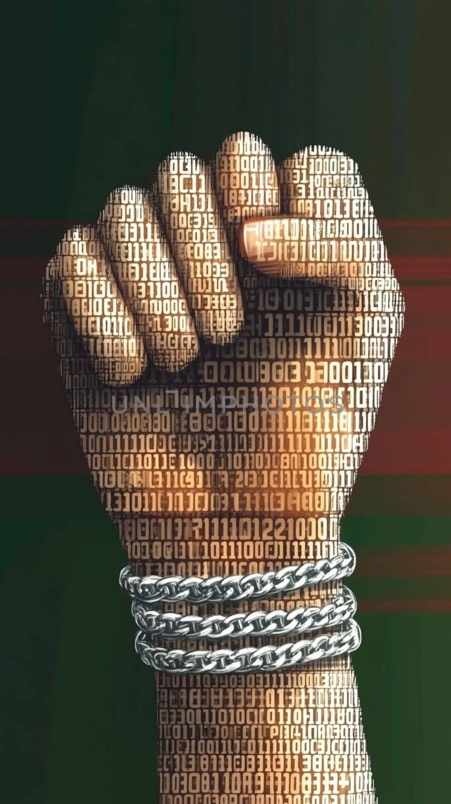 Powerful fist, adorned with intricate patterns, is breaking free from heavy chains, symbolizing the struggle for freedom and equality