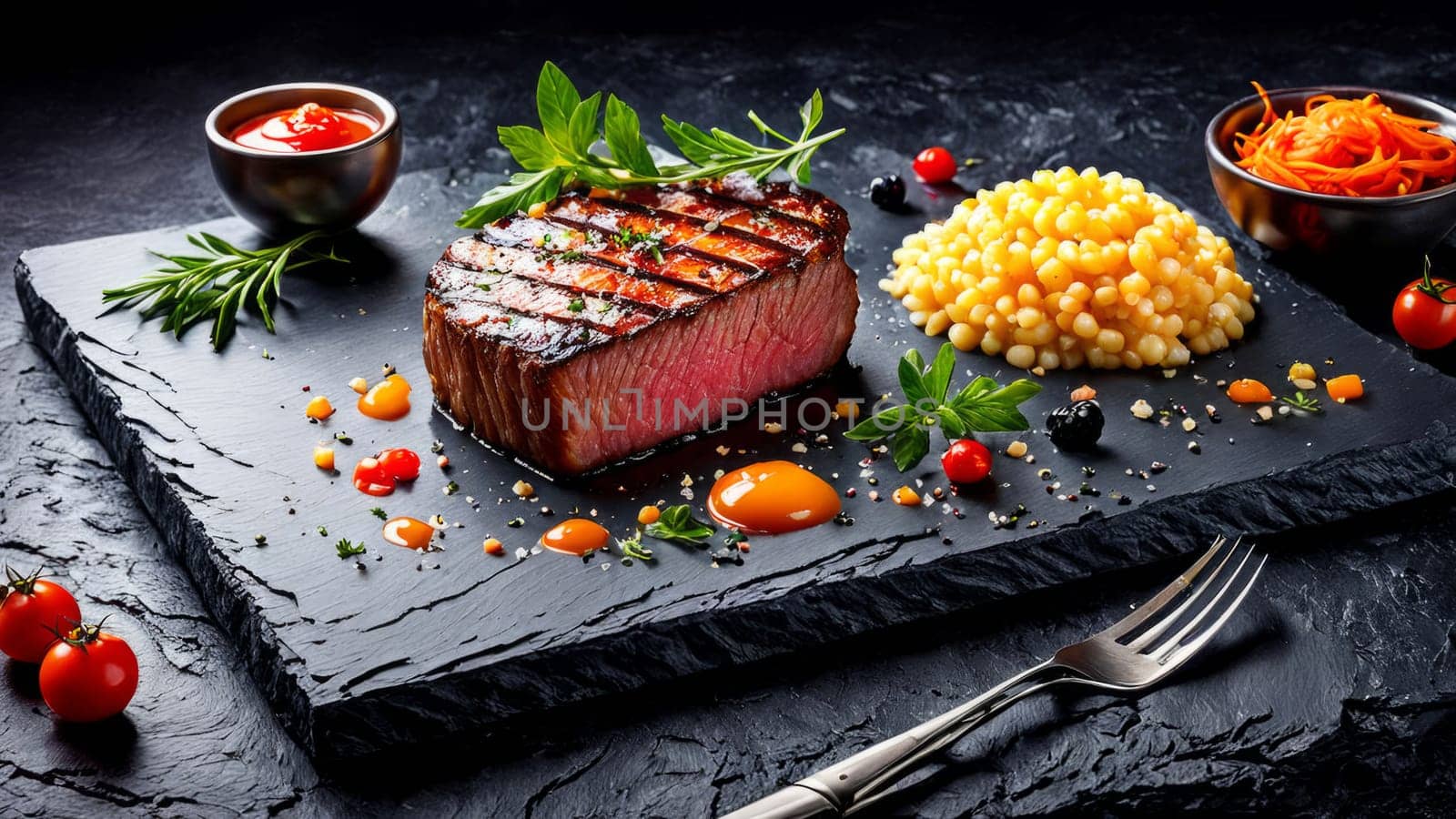 Juicy steak sliced beautifully, showcasing tender pink center. Paired with vibrant vegetables and flavorful sauces. Ideal for food blogs, restaurant menus, or cooking classes