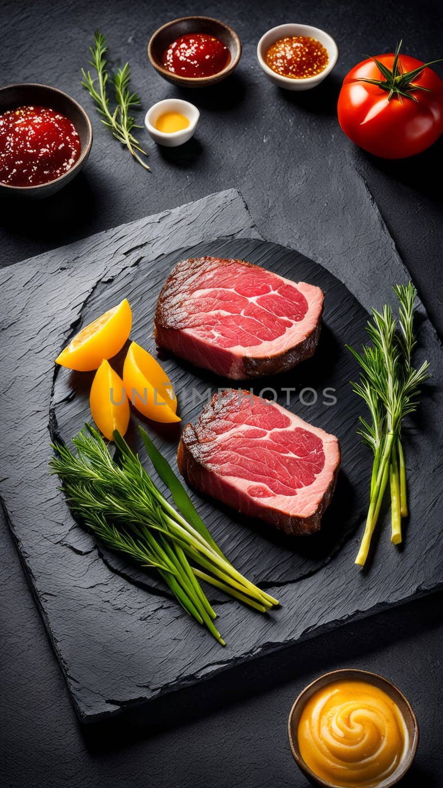 Elegant display of grilled beef on textured slate. Surrounded by fresh greens and bright side dish. Captivating visual for food photography, culinary art, or gourmet recipes