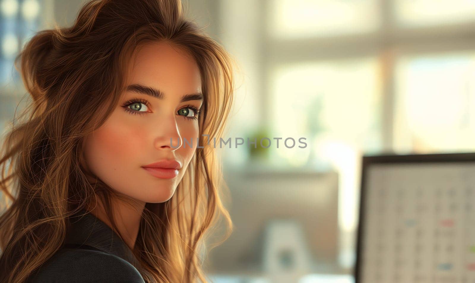 A woman is working intently on a computer. Selective focus.