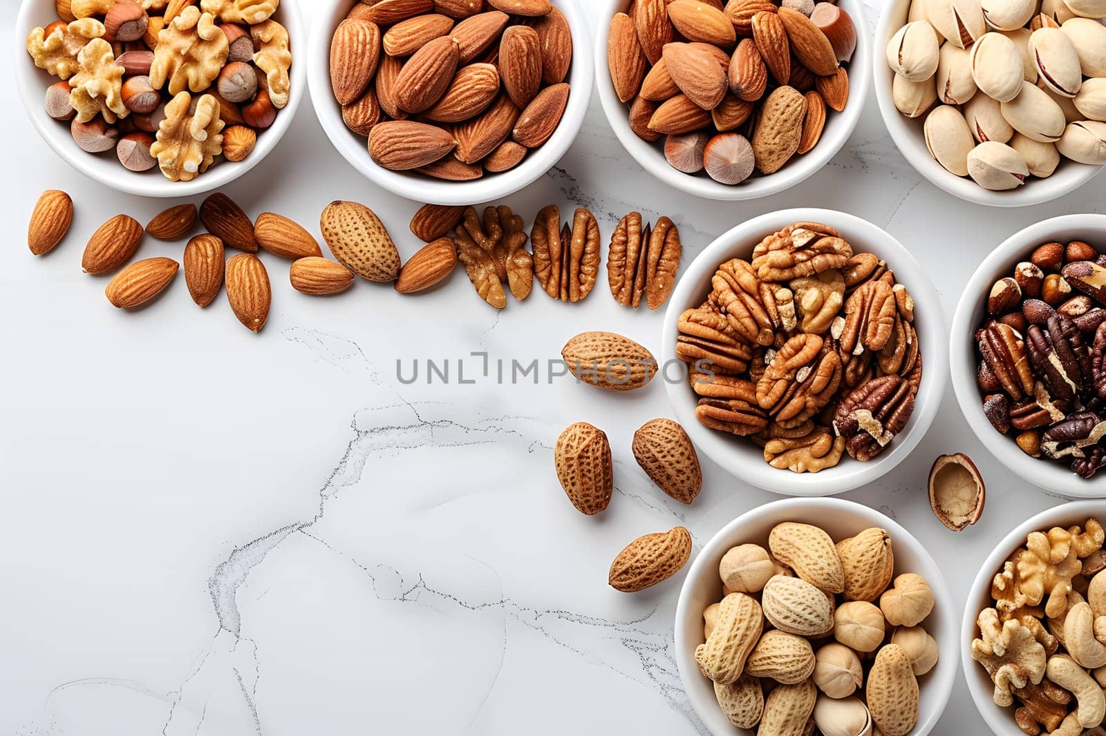 A variety of nuts displayed in bowls on a table, showcasing natures superfood ingredients for delicious and nutritious cuisine