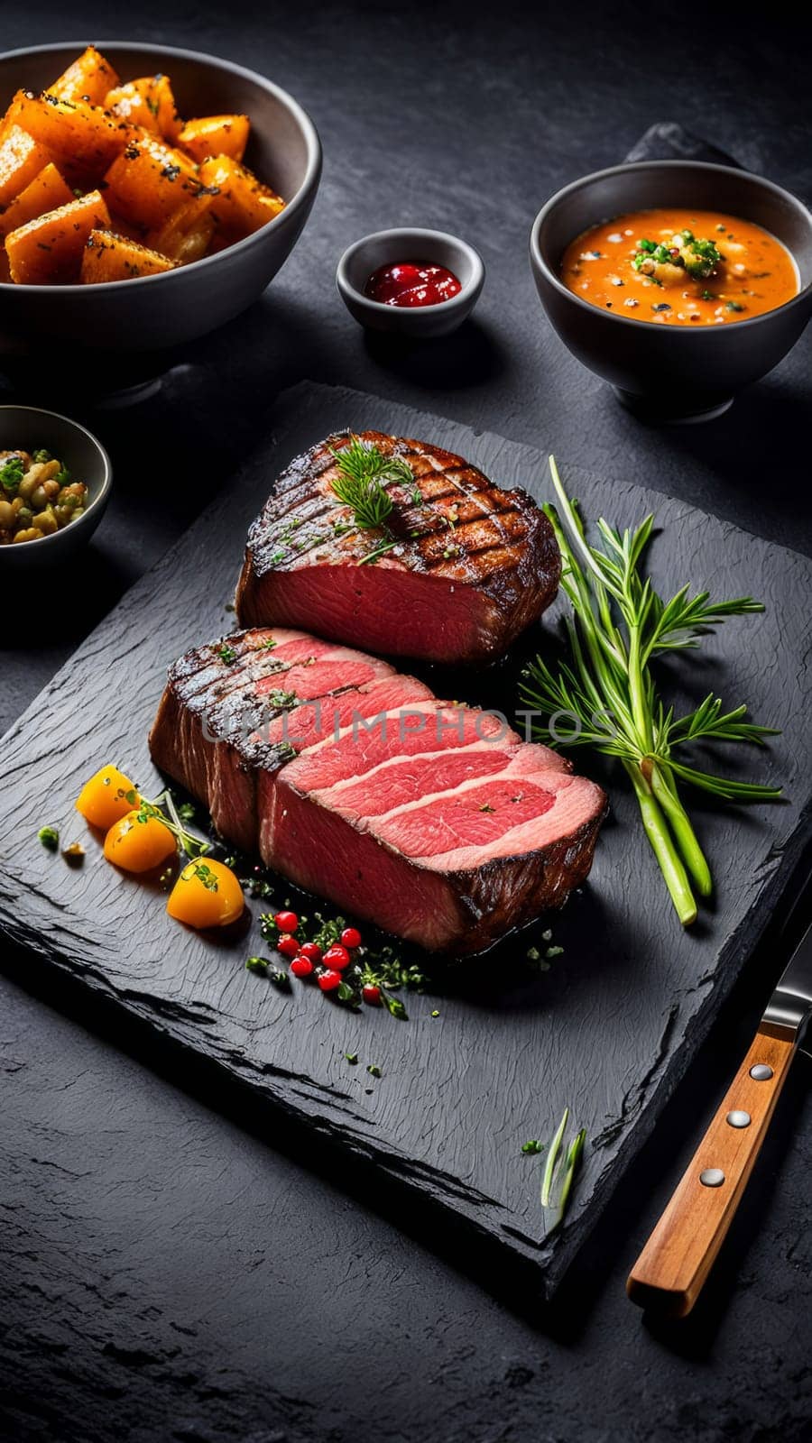 Premium grilled meat slices arranged artfully on slate board, garnished with fresh herbs. Perfect for culinary presentations, gourmet menus, or food blogs showcasing exquisite dining experiences