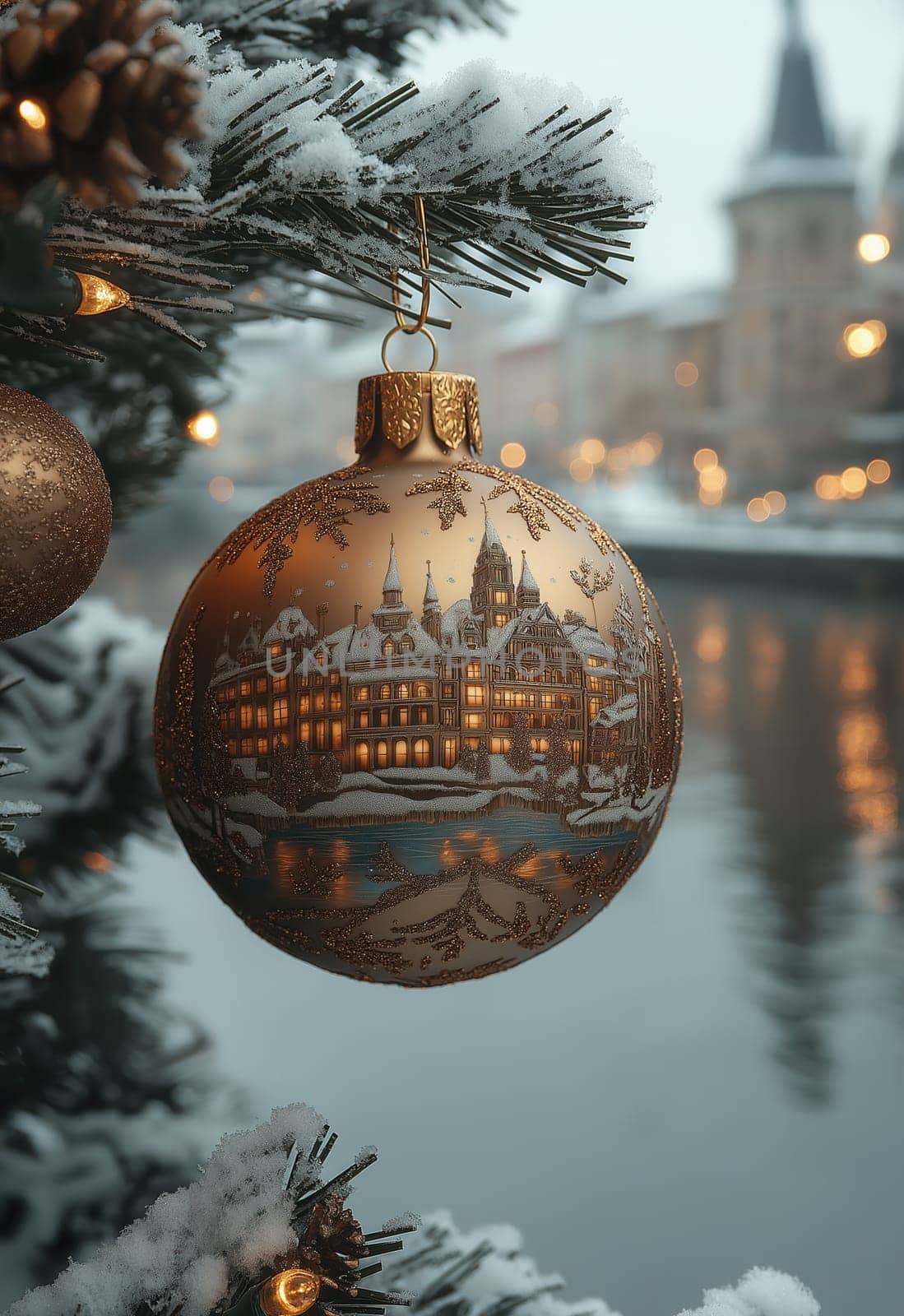 Brown Christmas ball with cityscape on Christmas tree. Selective focus.