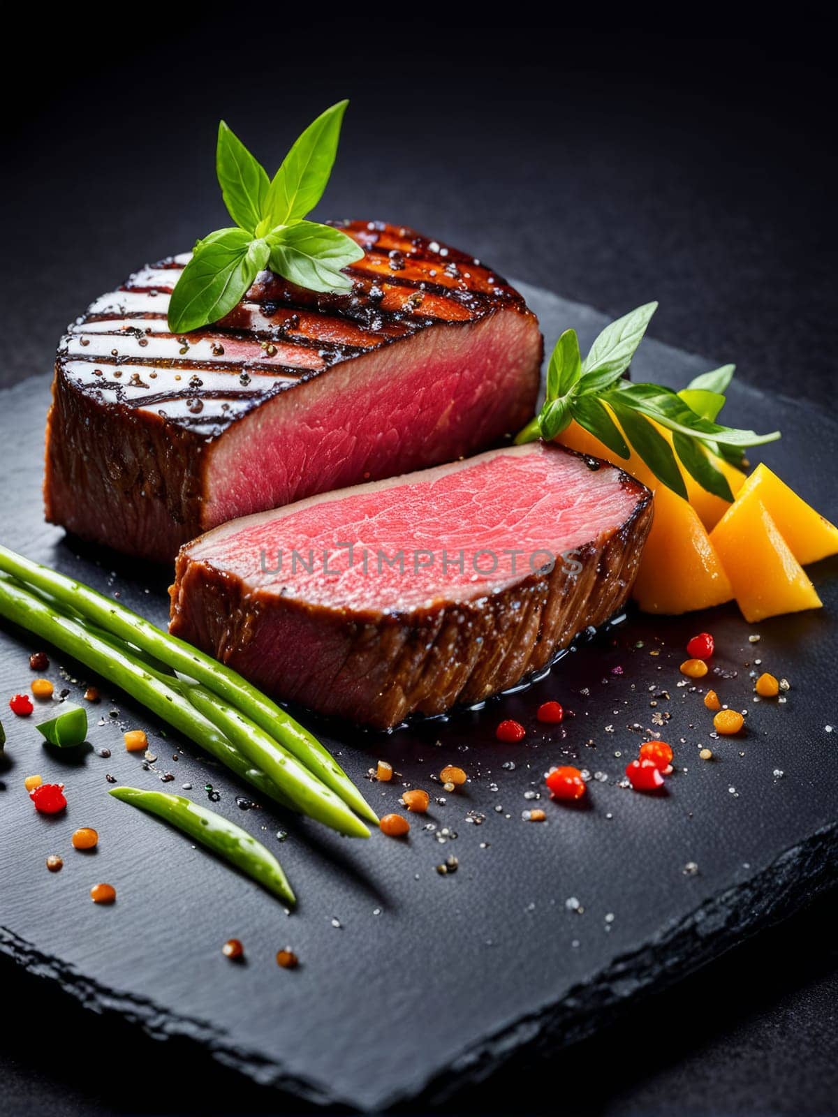 Deliciously grilled beef with rich color contrasts on a slate serving board, enhanced by fresh vegetables and herbs, creating an appealing visual for restaurant advertisements or recipe books