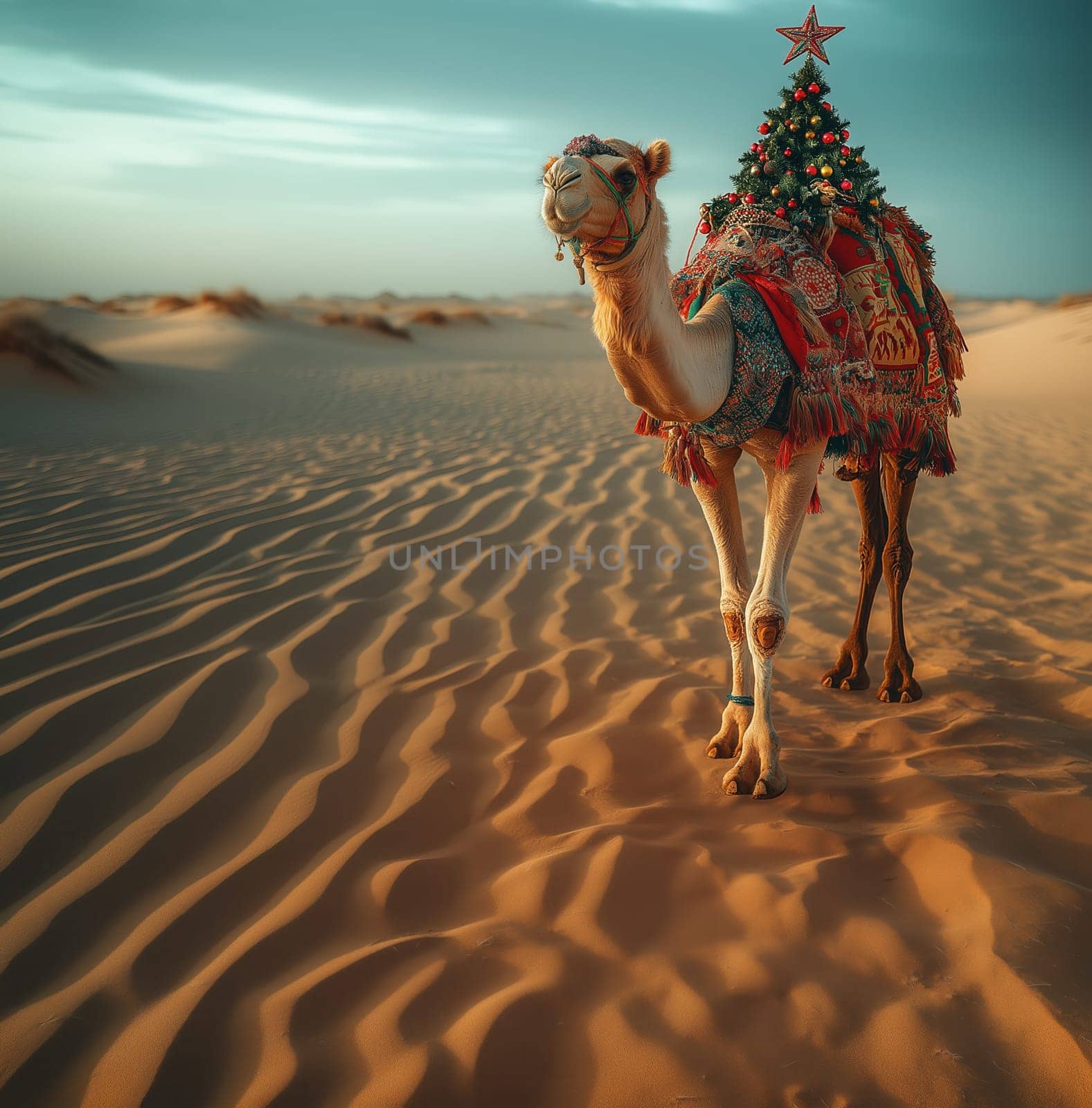 A camel in the desert delivering a Christmas tree. Selective focus.