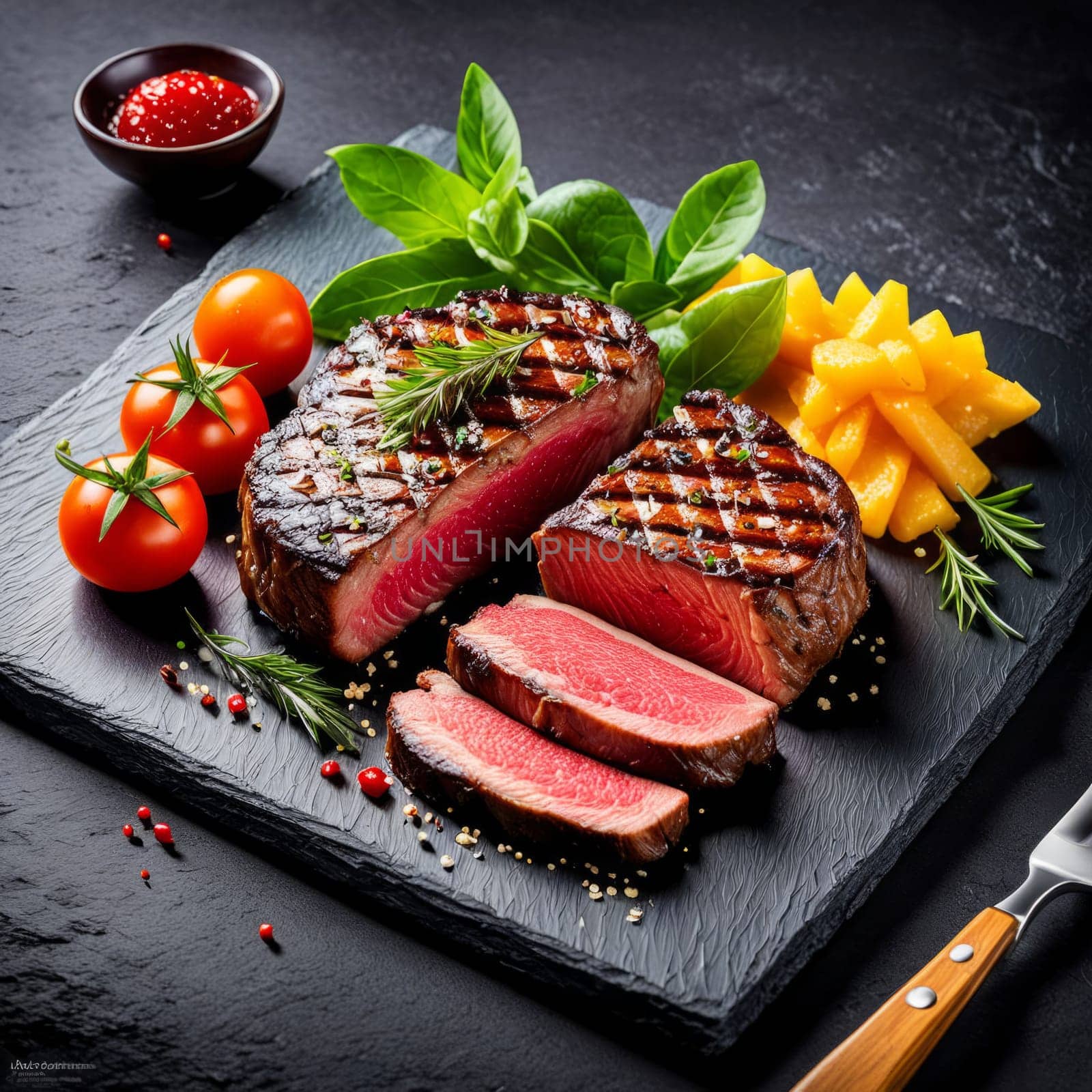 Richly flavored grilled meat highlighted on stylish slate platter. Enhanced with colorful vegetables and delicate garnishes. Suitable for food styling, cookbooks, or restaurant branding